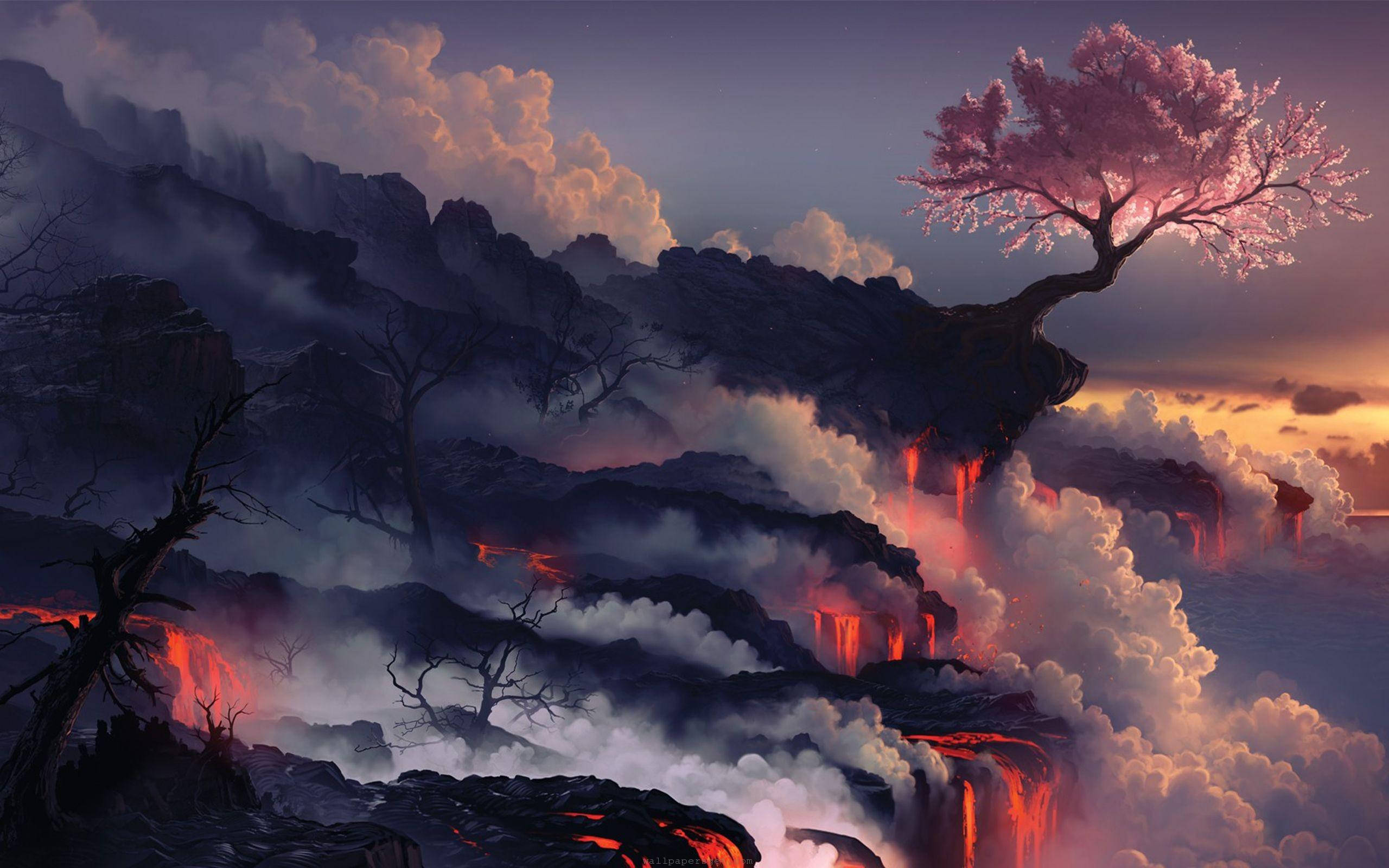 Cloudy Forest Outlook, cherry blossom tree, volcanic cliff, 2K Desktop Wallpaper