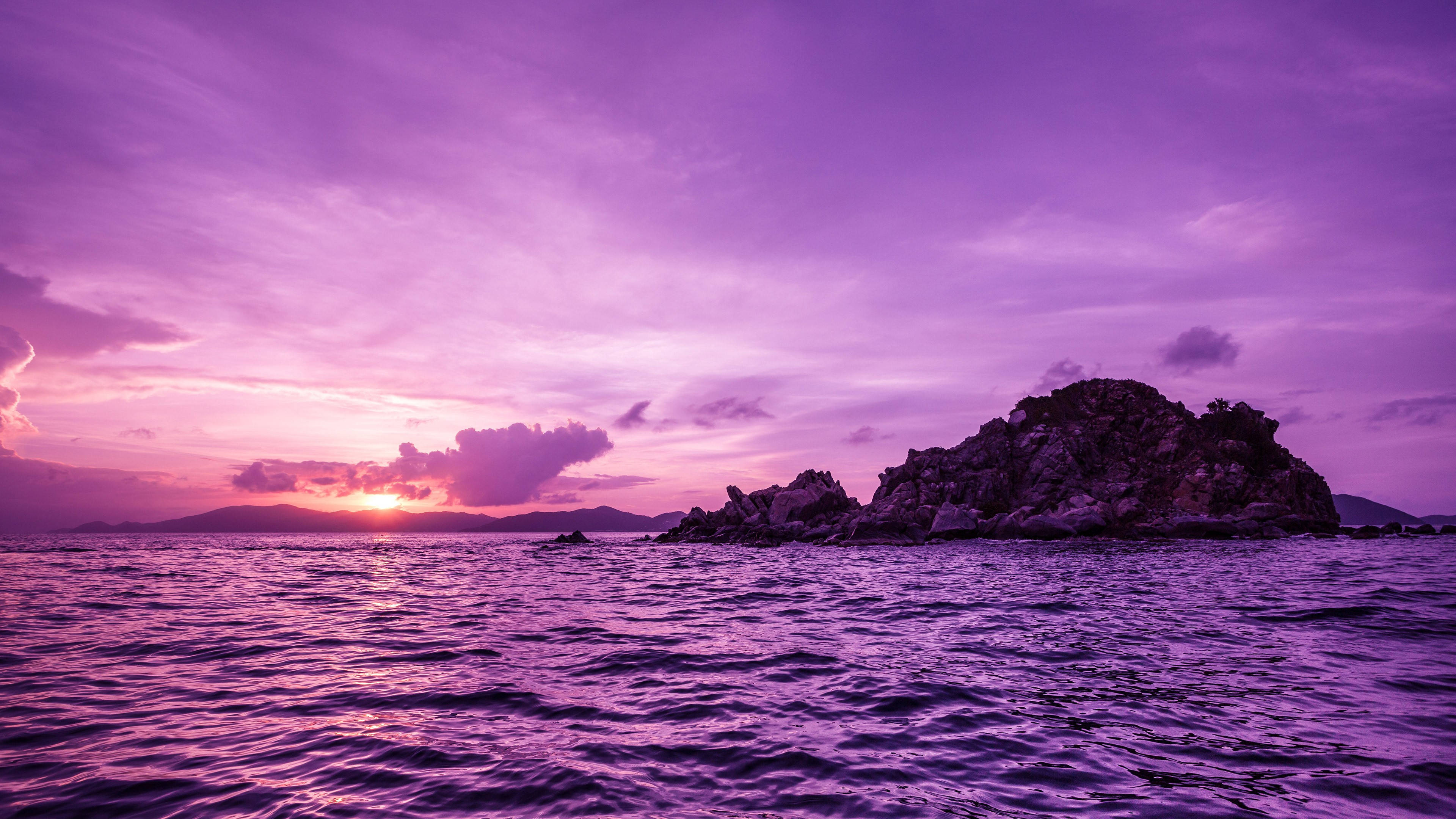purple island, vibrant purple and pink sunset, calm ocean waters, 4K Desktop Wallpaper