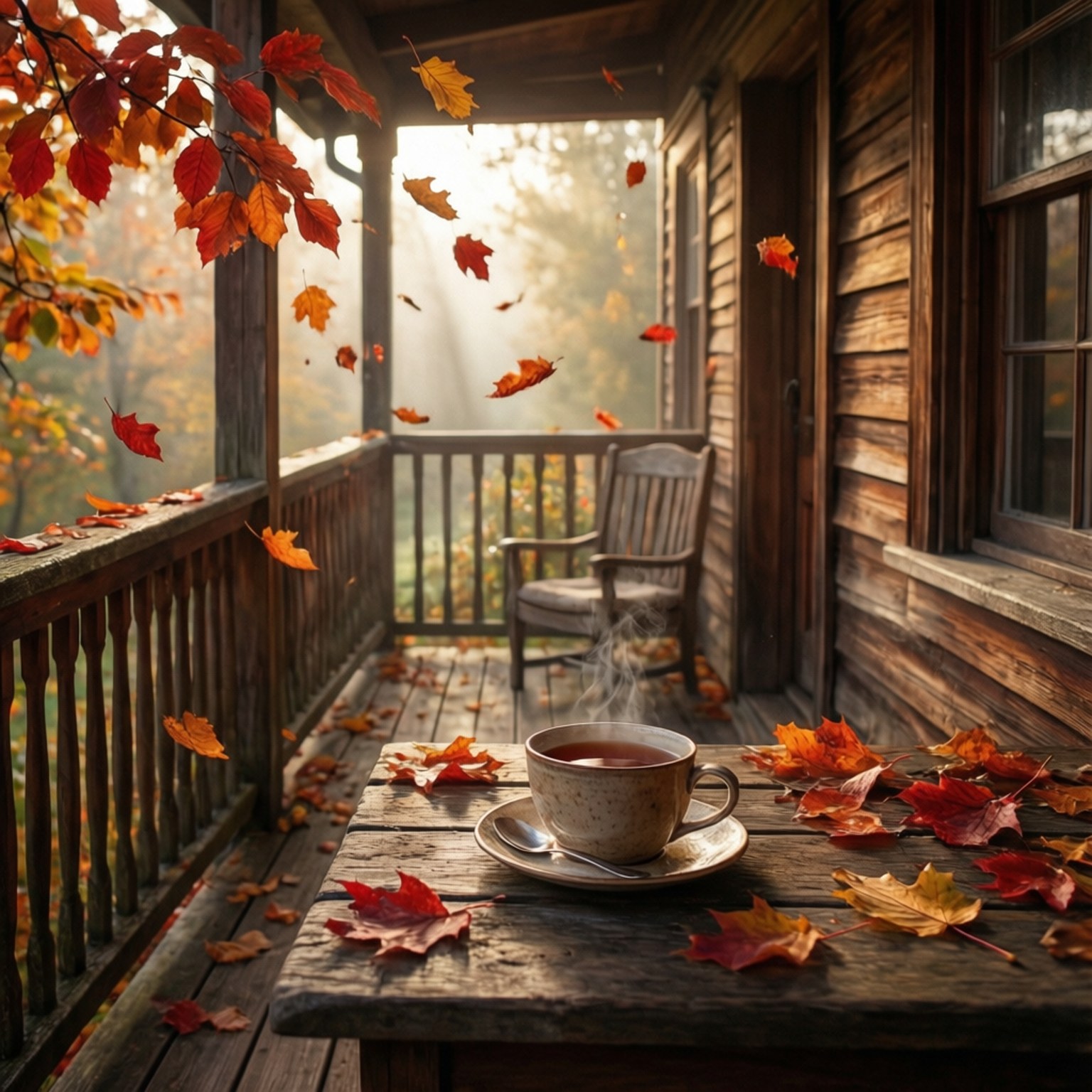 porch, autumn leaves, golden light, HD Desktop Wallpaper