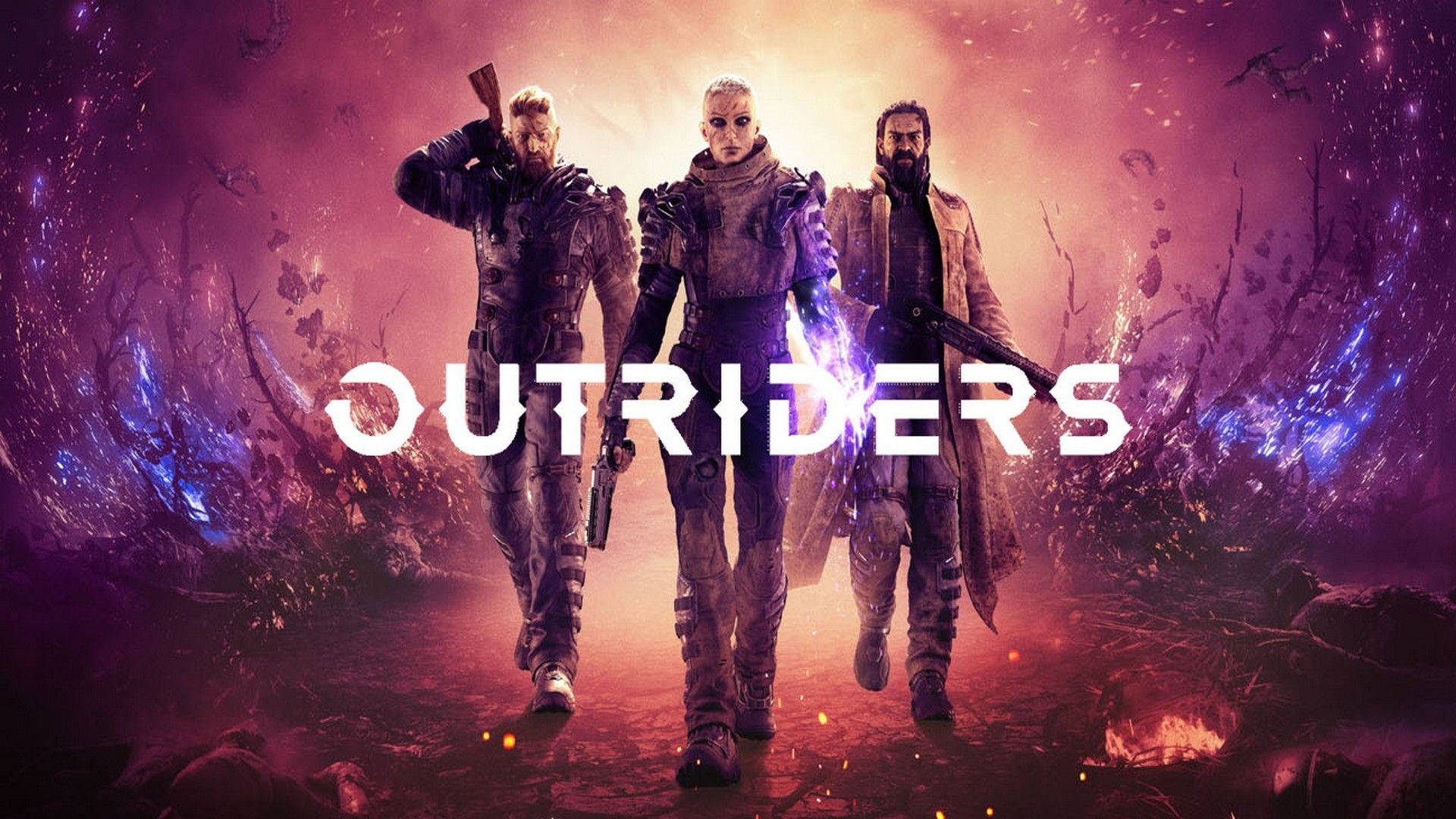 Outriders, armored warriors, glowing alien forest, Full HD Desktop Wallpaper