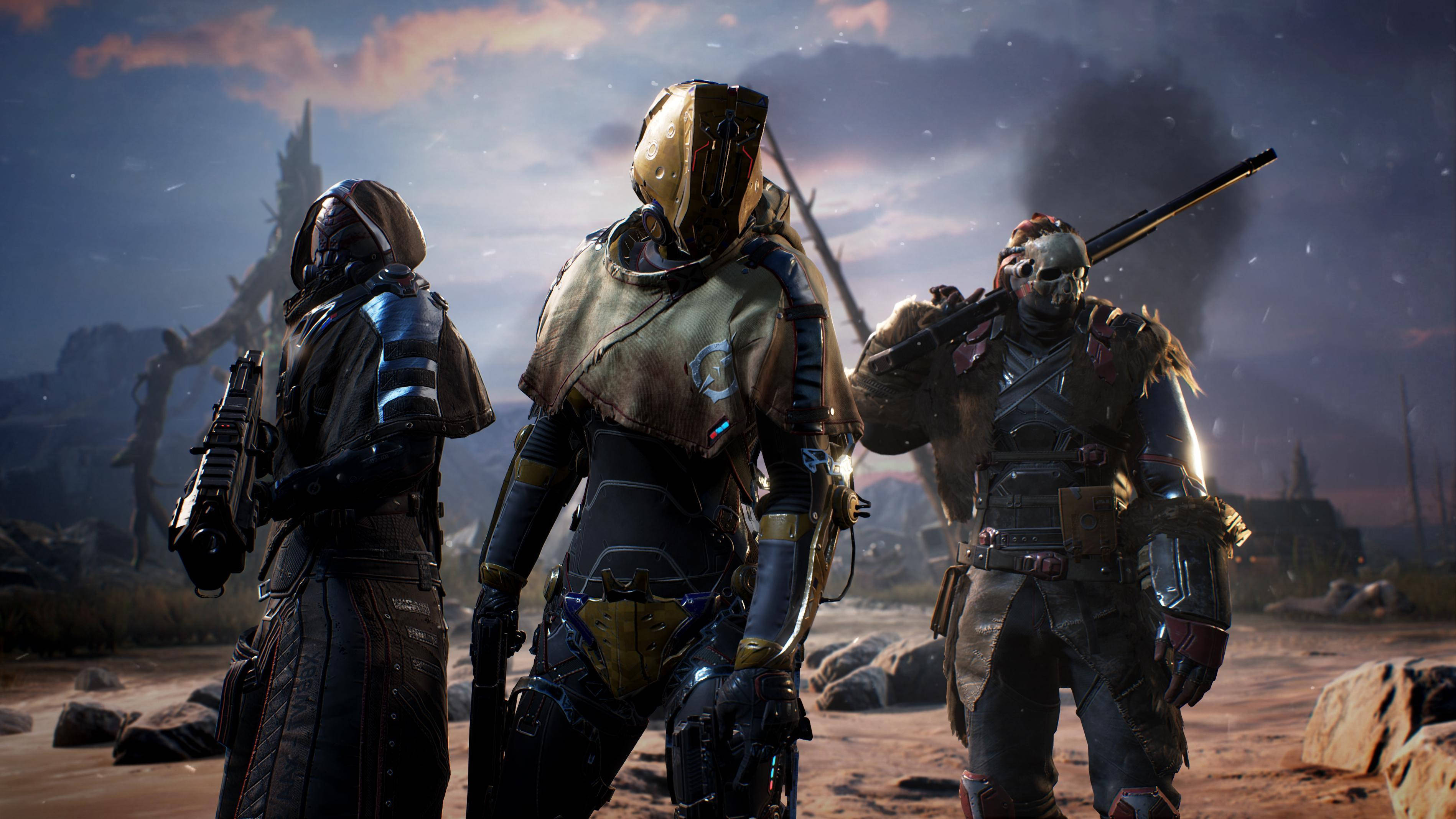Outriders, armored warriors, desolate alien wasteland, 2K Desktop Wallpaper