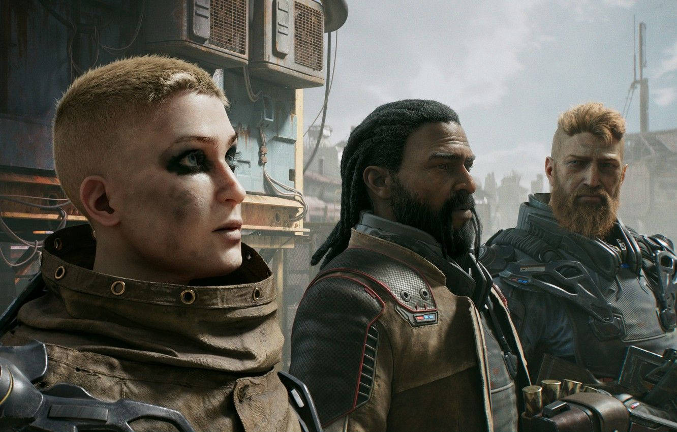 Outriders, sci-fi RPG shooter, three rugged sci-fi characters, HD Desktop Wallpaper