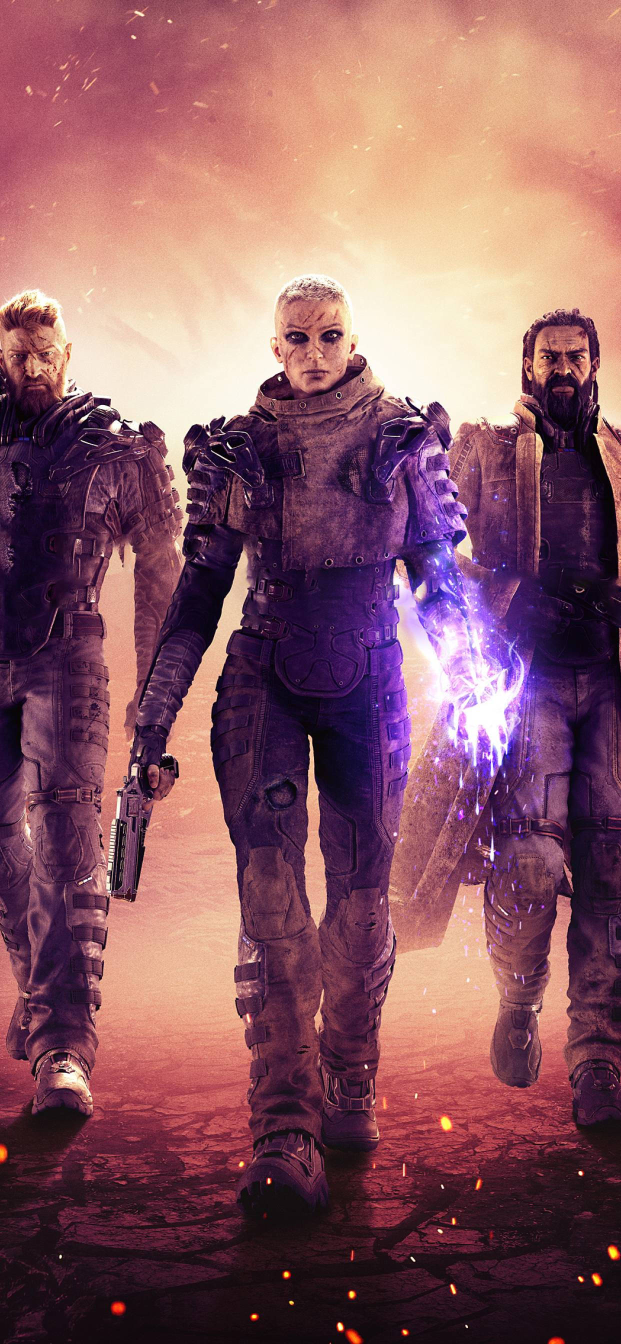 Outriders, fiery orange sky, armored warriors, 2K Phone Wallpaper