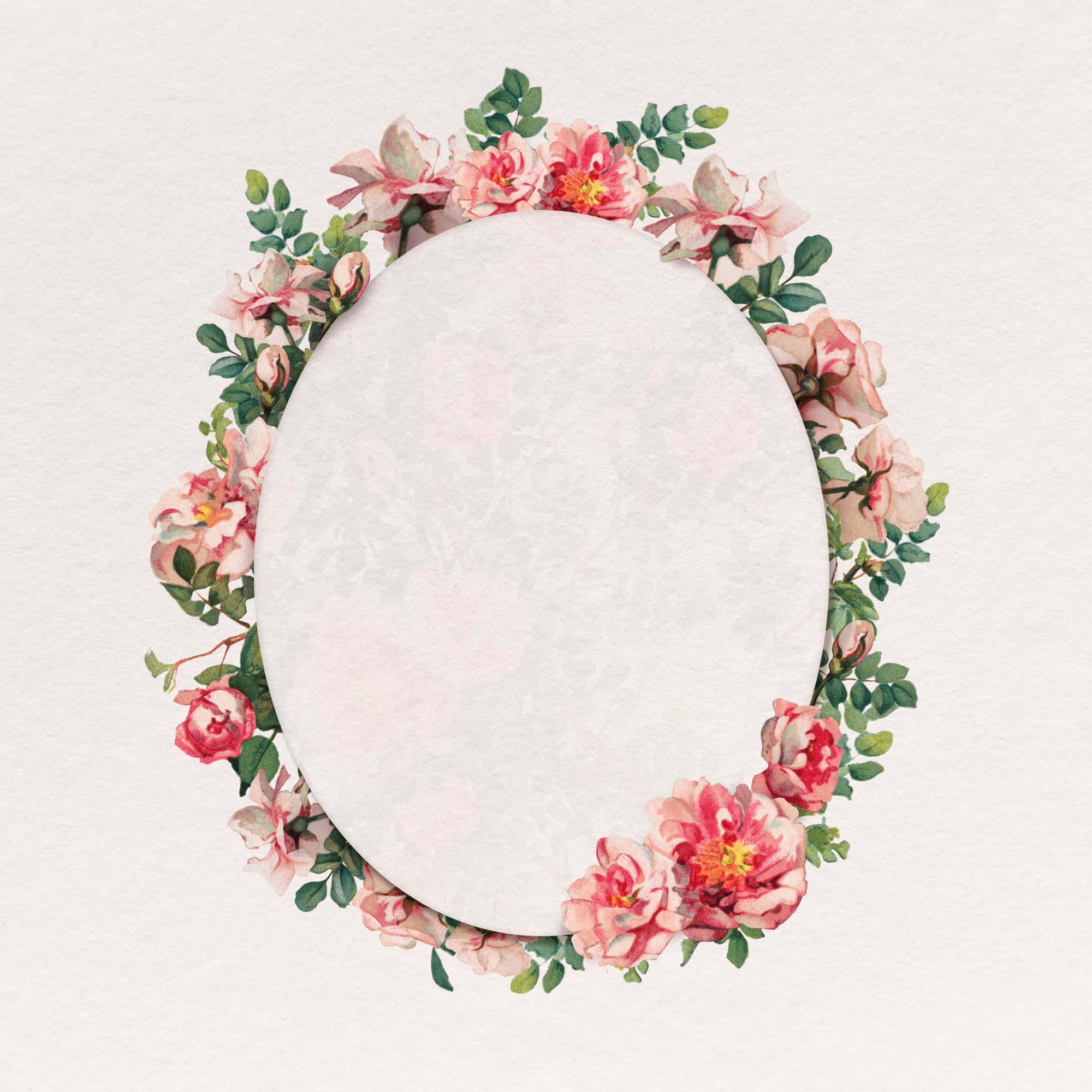 floral oval frame, pink roses, green leaves, Full HD Desktop Wallpaper