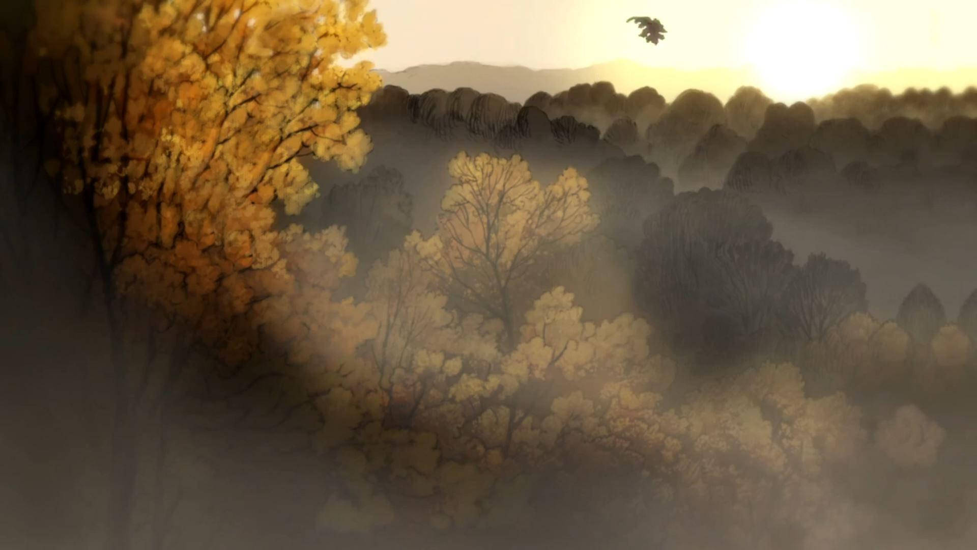 Over the garden wall, autumn forest, golden sunrise light, Full HD Desktop Wallpaper