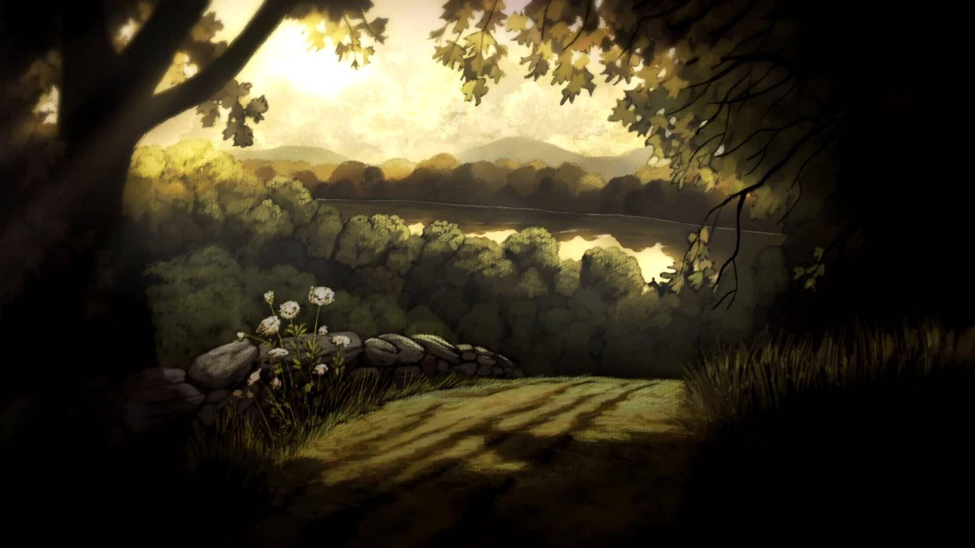 Over the Garden Wall, autumn leaves, serene river, Full HD Desktop Wallpaper