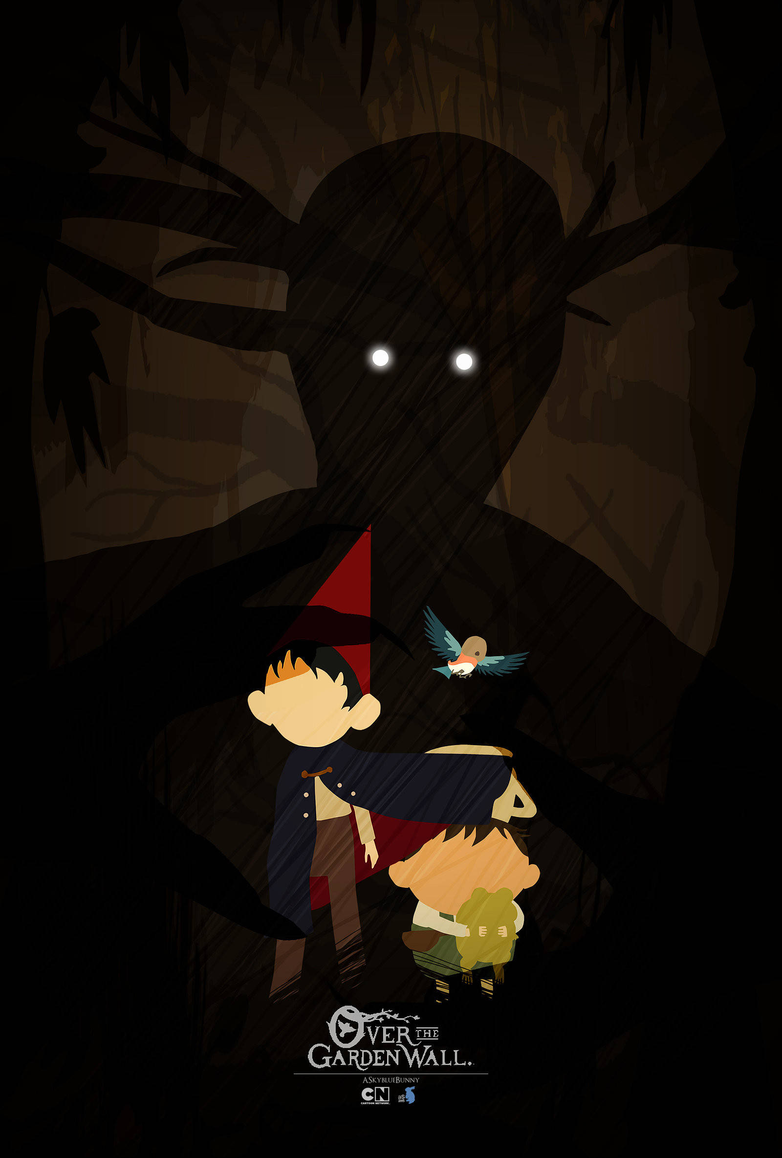 Over the Garden Wall, animated children, looming shadowy figure, Full HD Phone Wallpaper