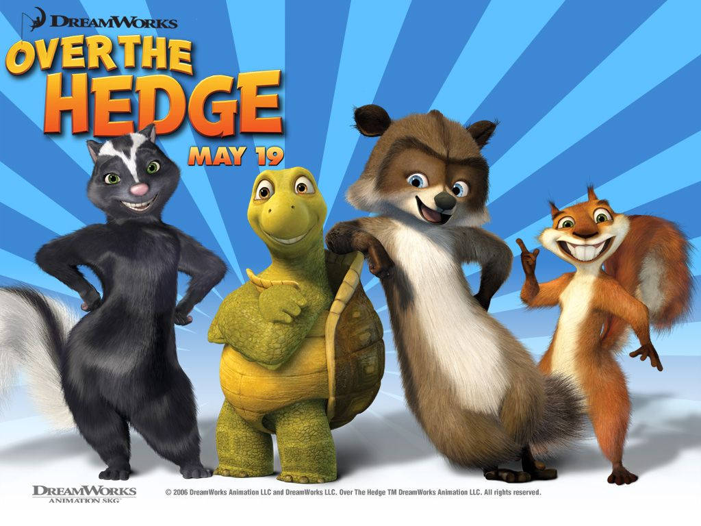 Over The Hedge, animated animal friends, bright blue sunburst background, SD Desktop Wallpaper