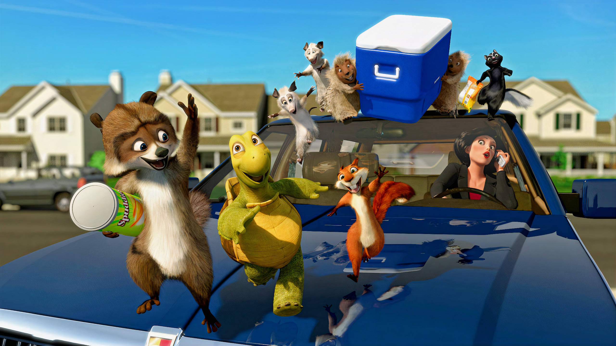Over The Hedge, characters, blue car, 2K Desktop Wallpaper