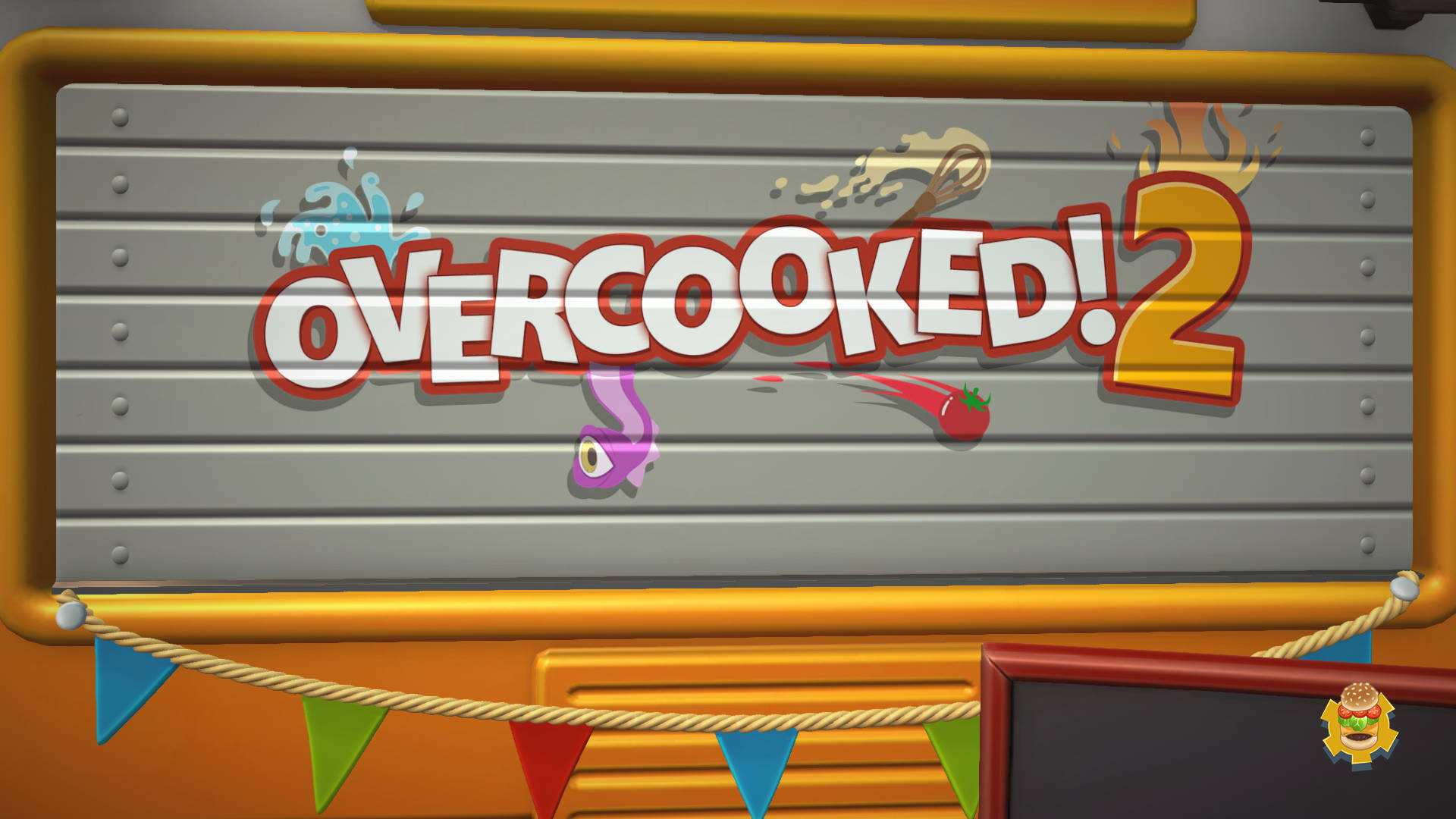 Overcooked 2, corrugated metal background, cartoon food items, Full HD Desktop Wallpaper