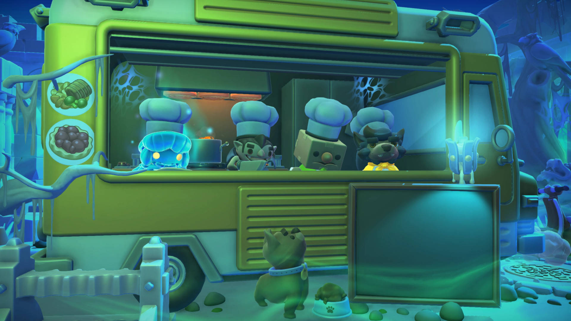 Overcooked, spooky food truck, glowing green food truck, Full HD Desktop Wallpaper