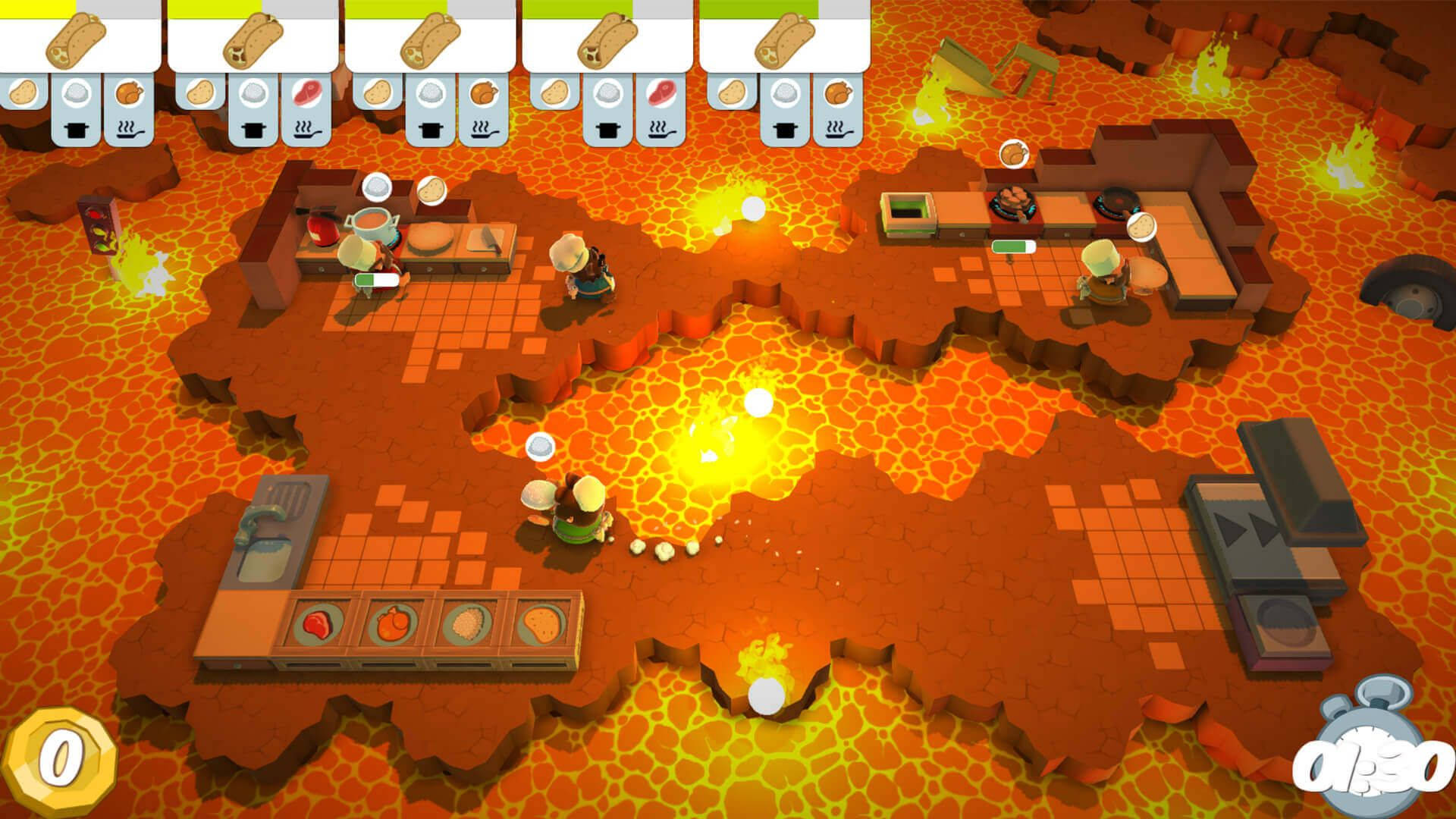 Overcooked, lava level, pixel-art chefs, Full HD Desktop Wallpaper