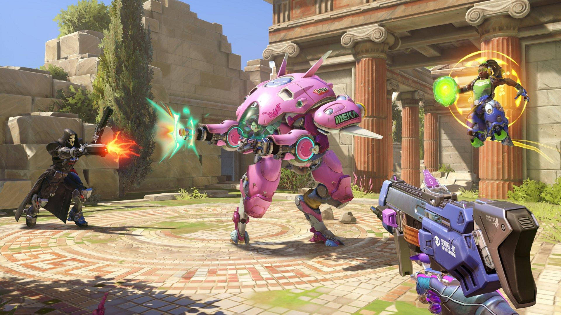 Overwatch 2, vibrant pink mech, glowing heroes, Full HD Desktop Wallpaper