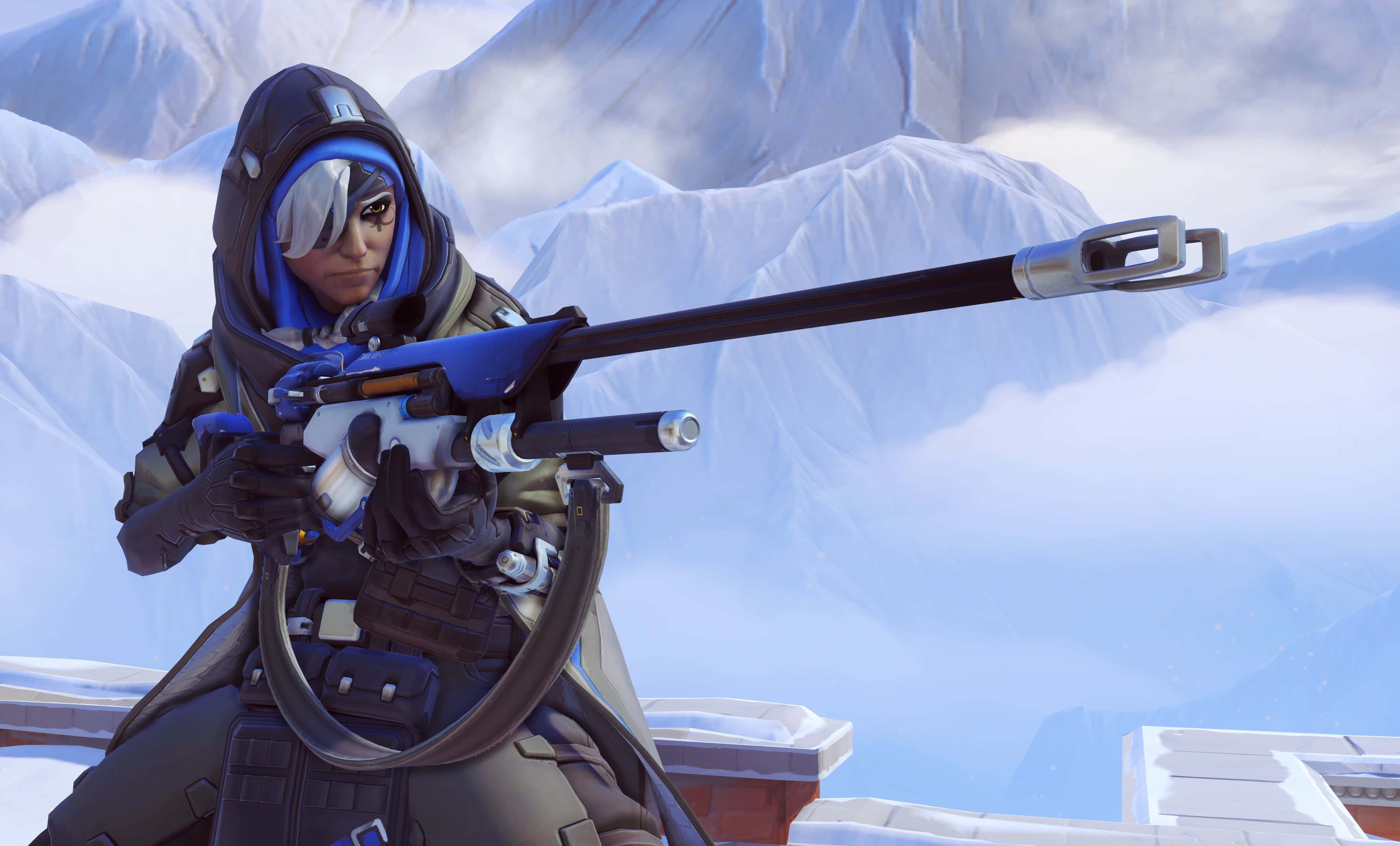 Overwatch Ana, blue and grey gear, sniper rifle, 5K Desktop Wallpaper