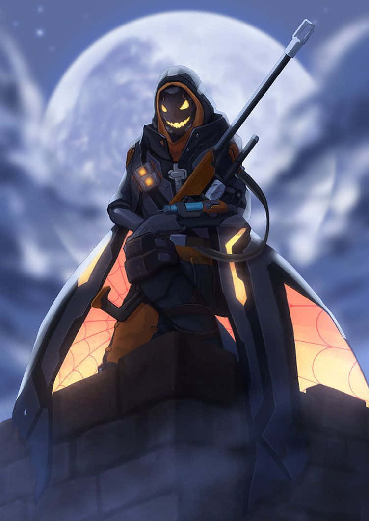 Overwatch Ana, hooded figure, glowing jack-o'-lantern face, SD Phone Wallpaper
