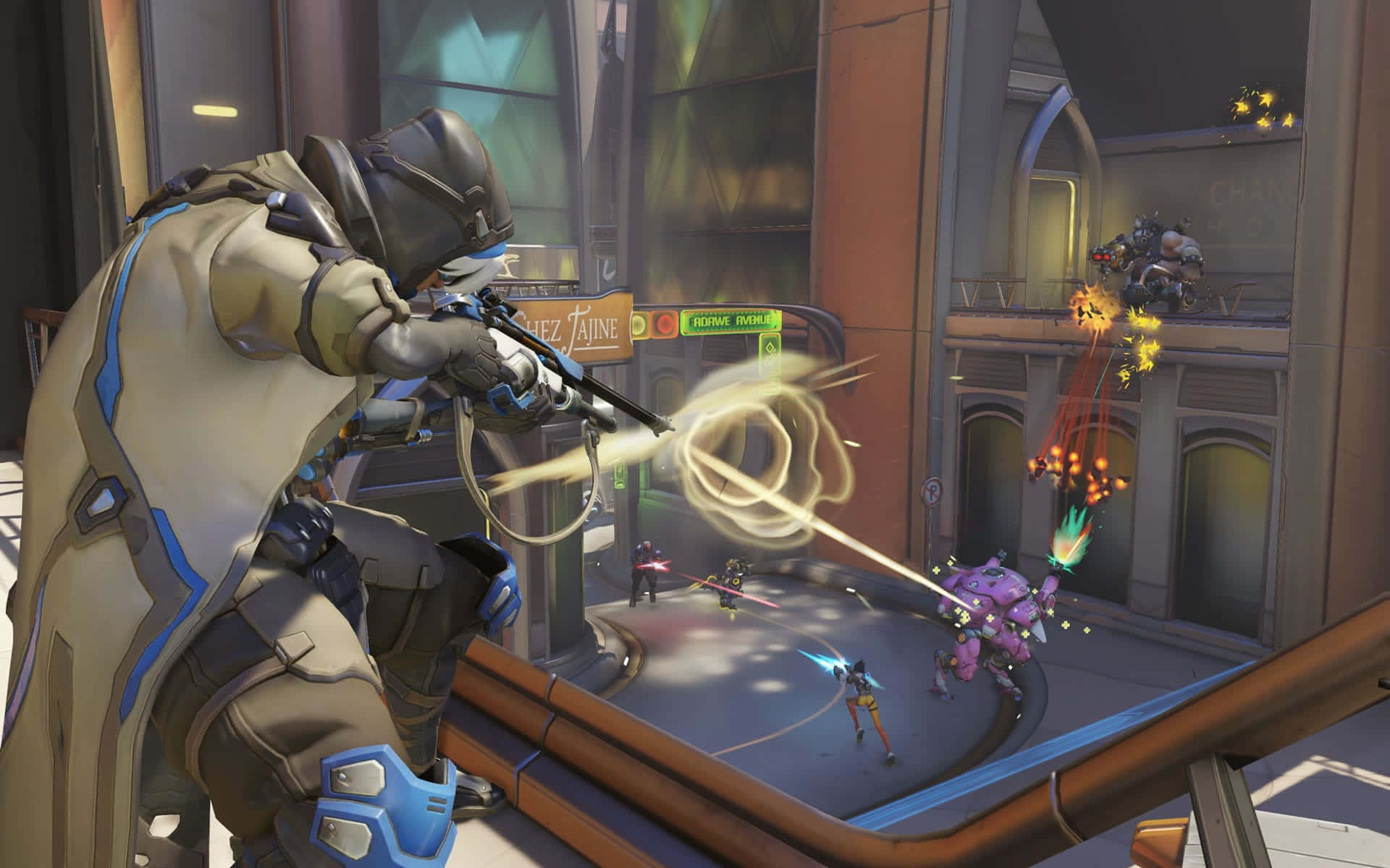 Overwatch Ana, futuristic armor, glowing weapon, Full HD Desktop Wallpaper