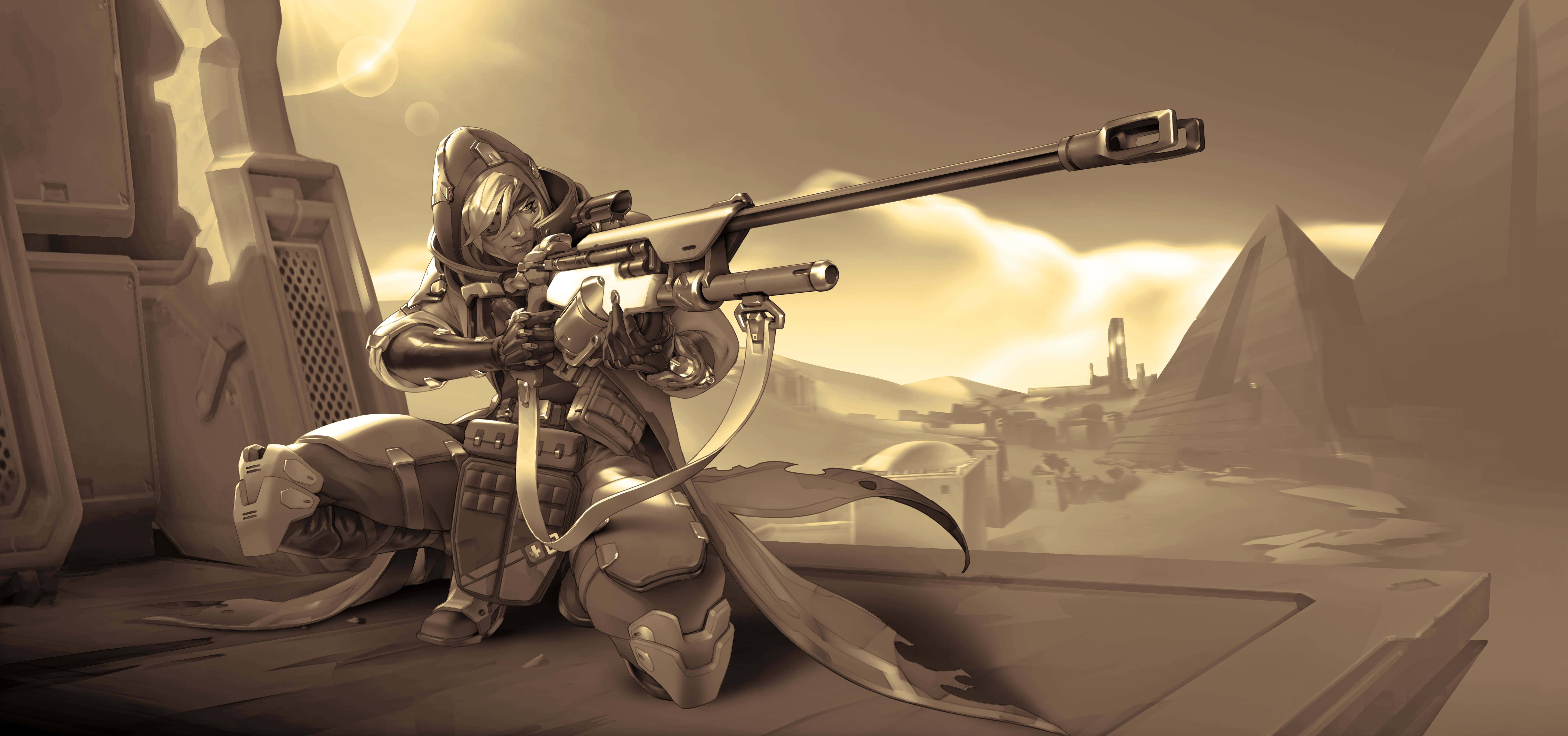 Overwatch Ana, sniper rifle, desert battlefield, 8K Desktop Wallpaper