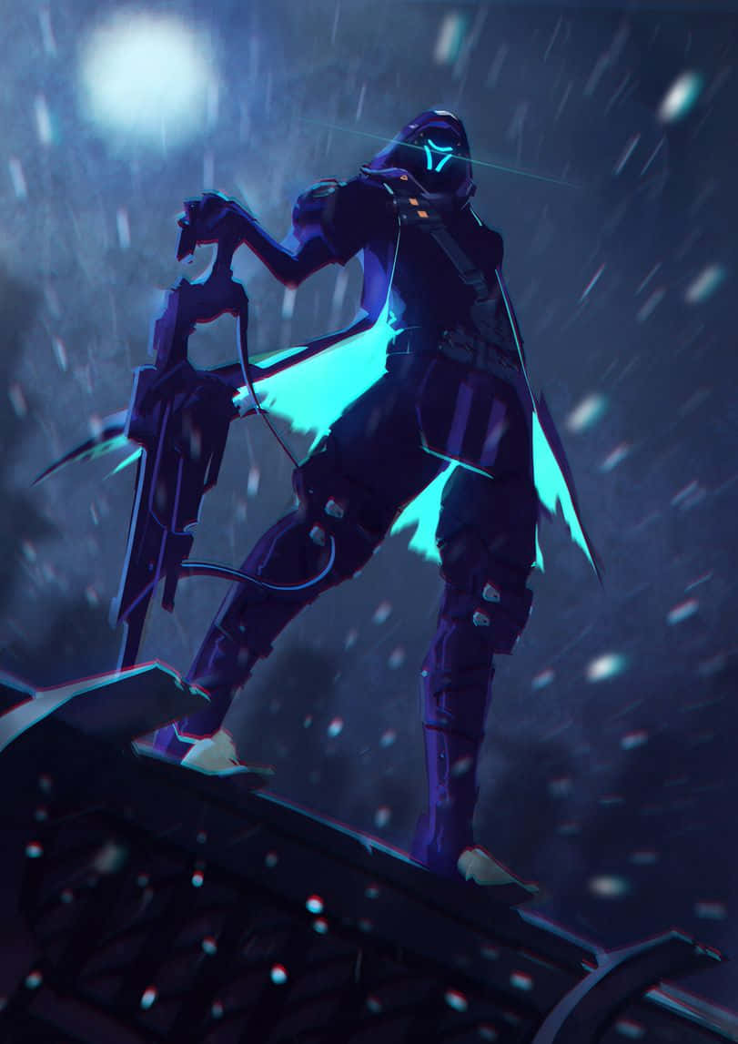 Overwatch Ana, glowing blue armor, stormy night, SD Phone Wallpaper