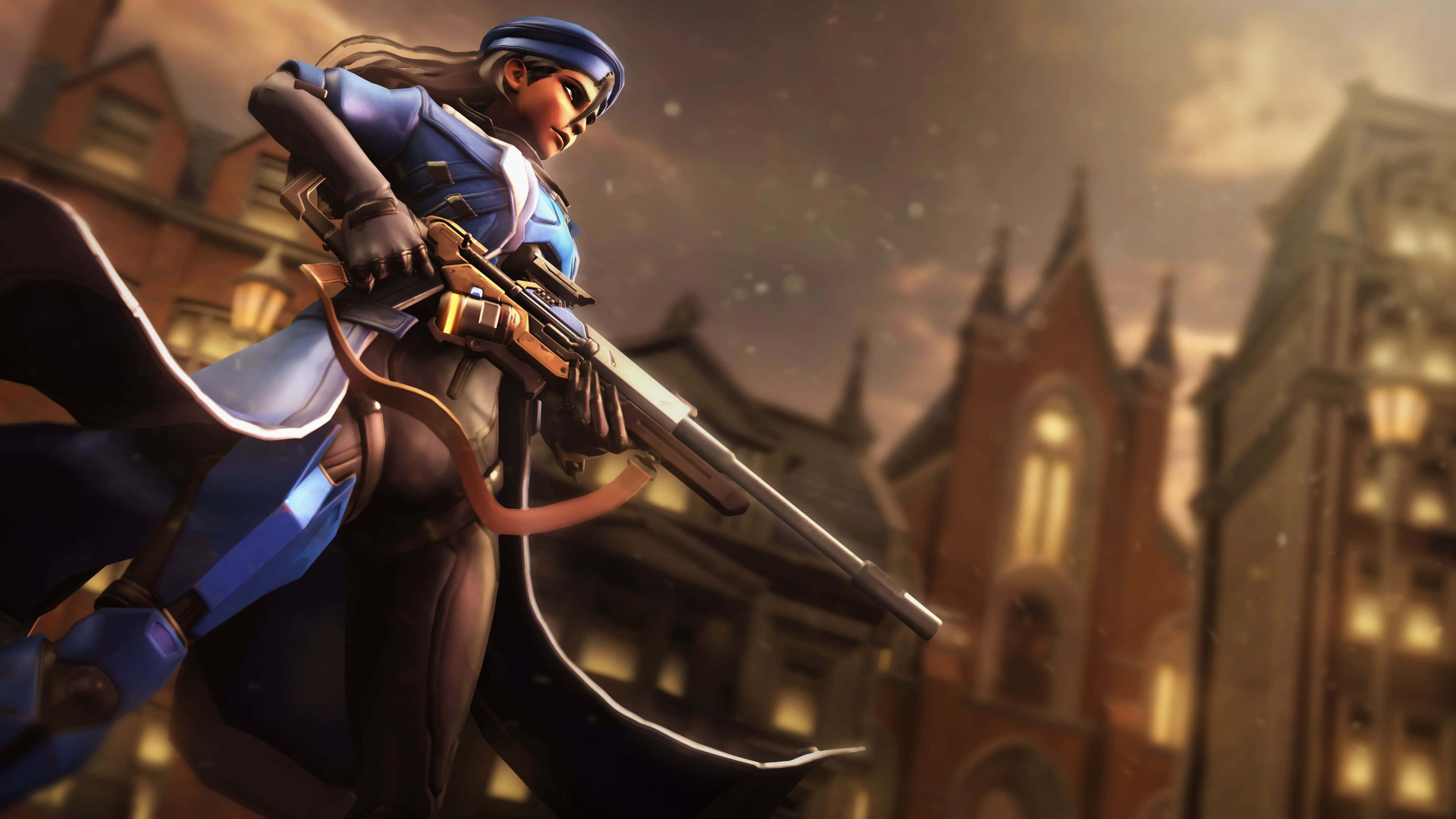 Overwatch Ana, blue-clad female soldier, rifle, 4K Desktop Wallpaper