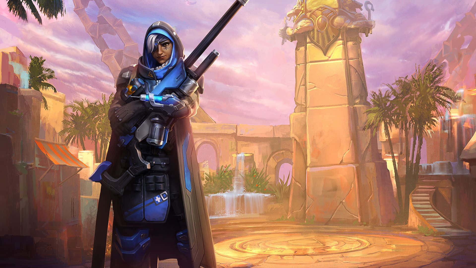 Overwatch Ana, blue-clad warrior, rifle, Full HD Desktop Wallpaper