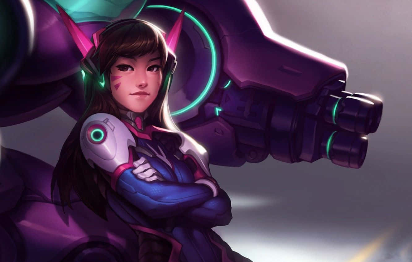Overwatch D.va, pink horns, glowing green accents, HD Desktop Wallpaper