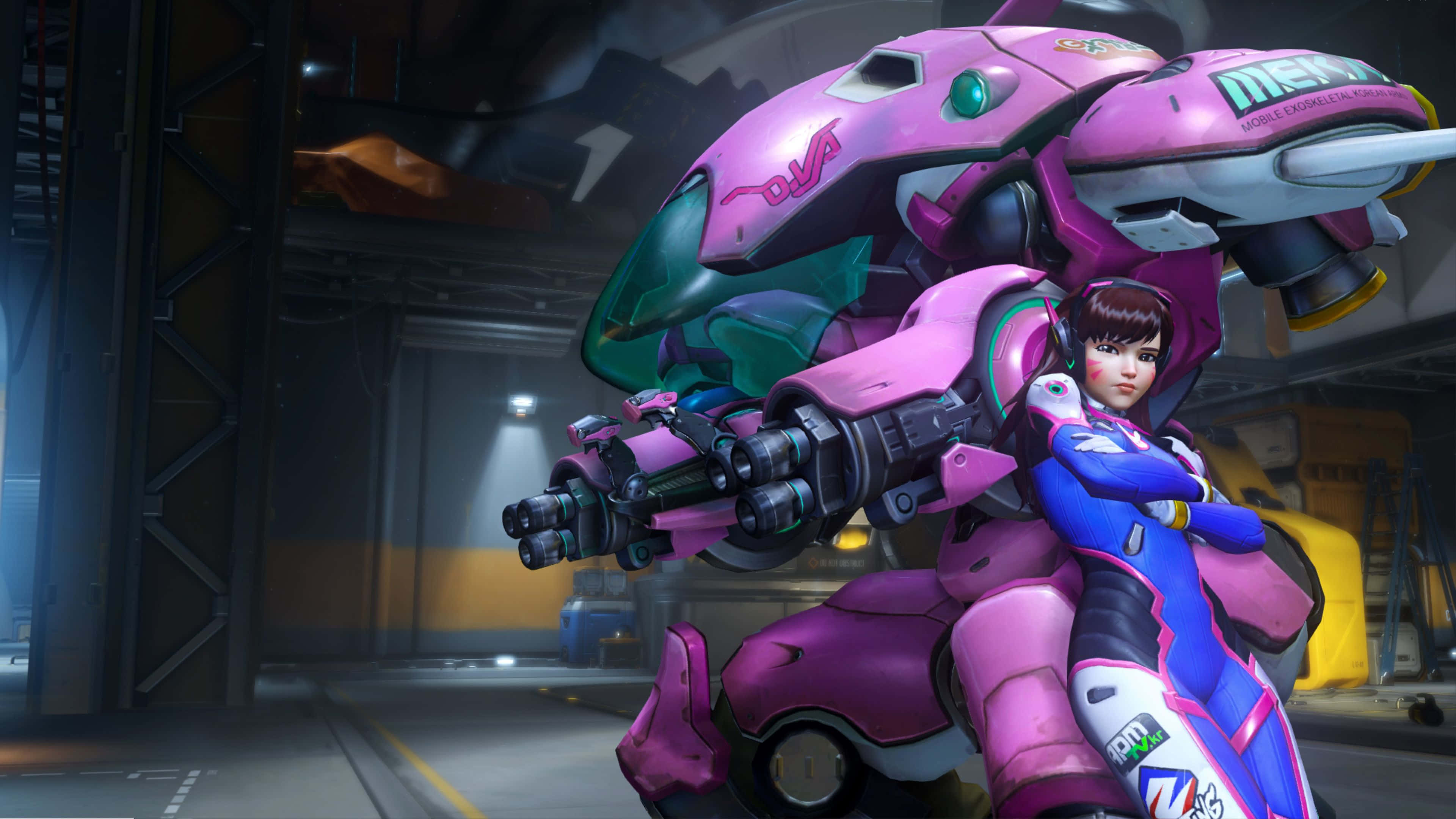 Overwatch D.va, pink and blue armored mech, dimly lit industrial hangar, 4K Desktop Wallpaper