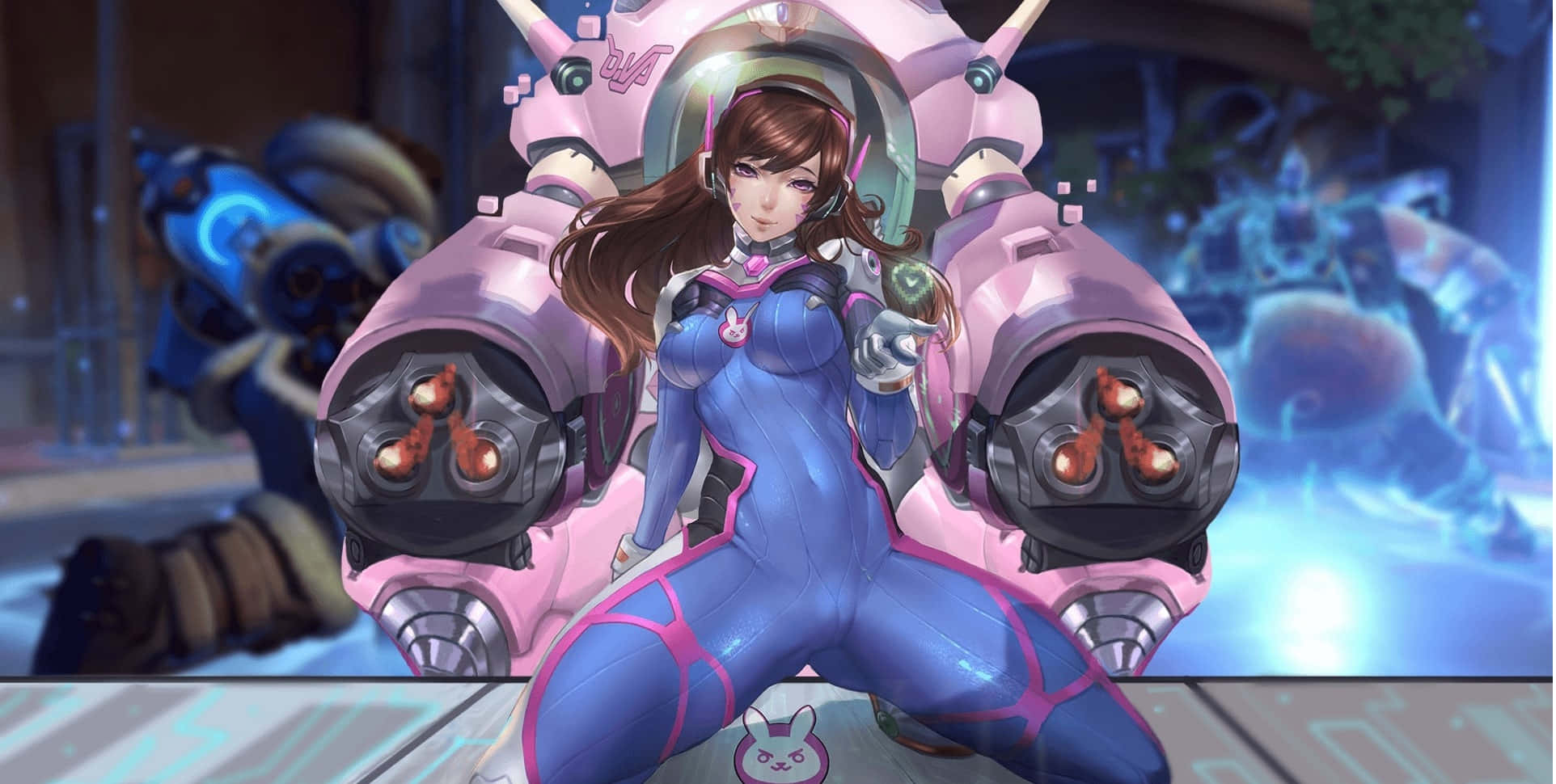 Overwatch D.va, blue and pink futuristic suit, large pink mech, Full HD Desktop Wallpaper