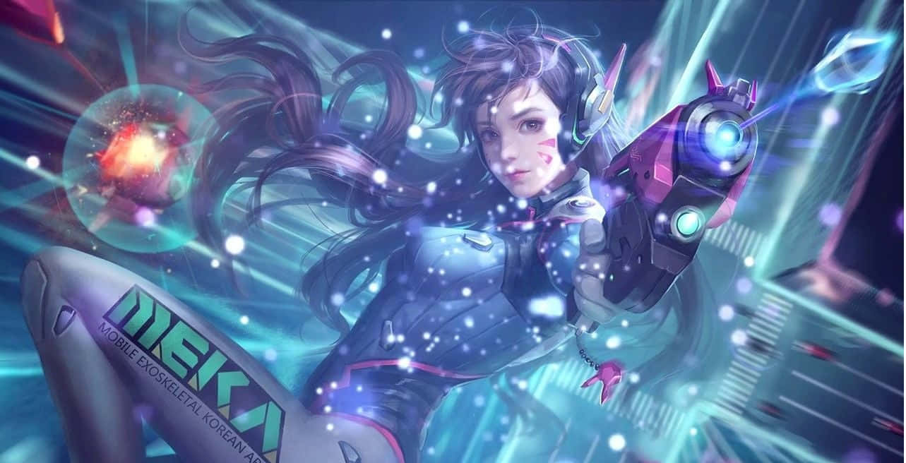 Overwatch D.va, cybernetic arm, neon energy bursts, HD Desktop Wallpaper