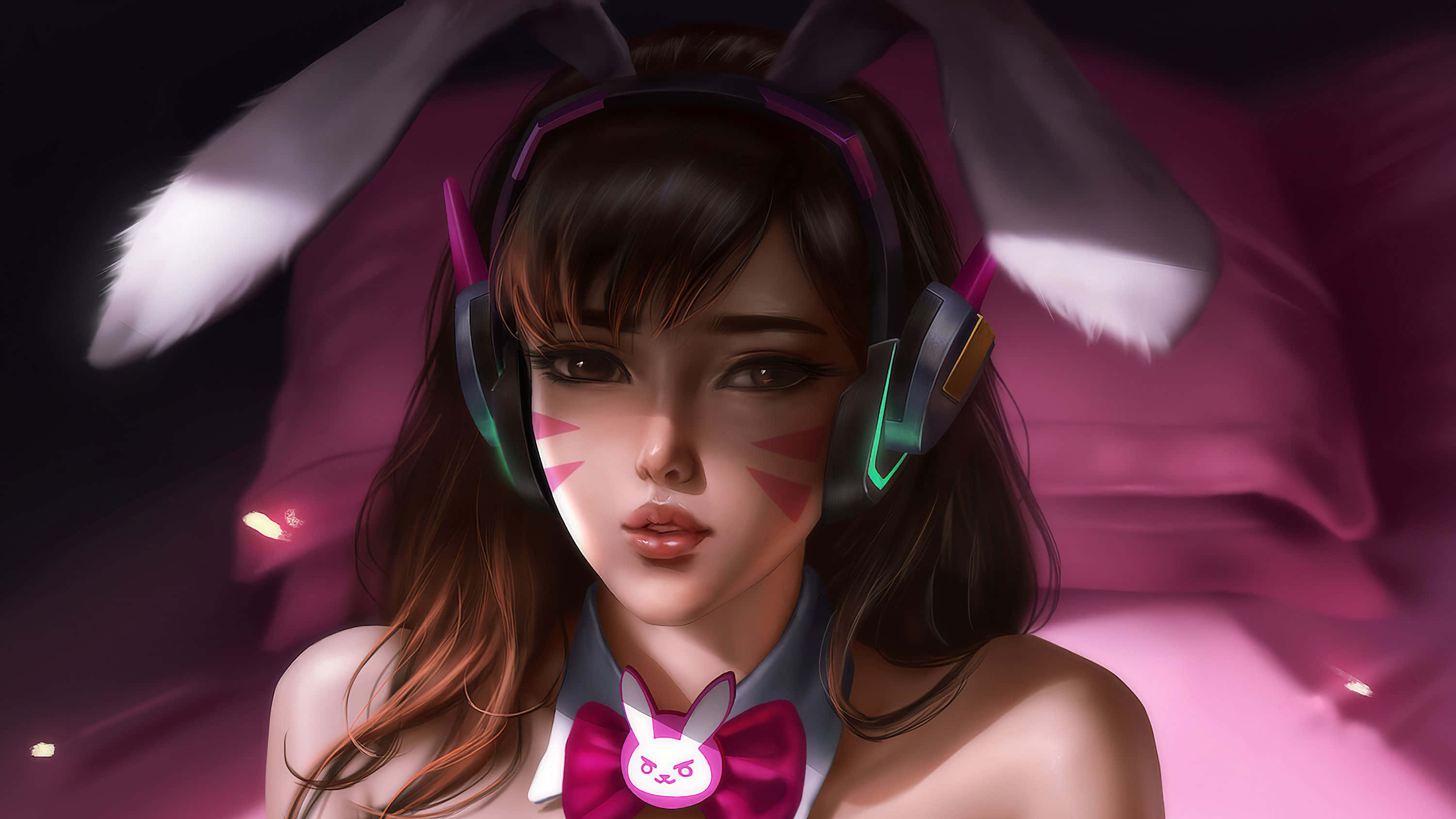 Overwatch D.va, bunny ears, glowing headphones, 2K Desktop Wallpaper