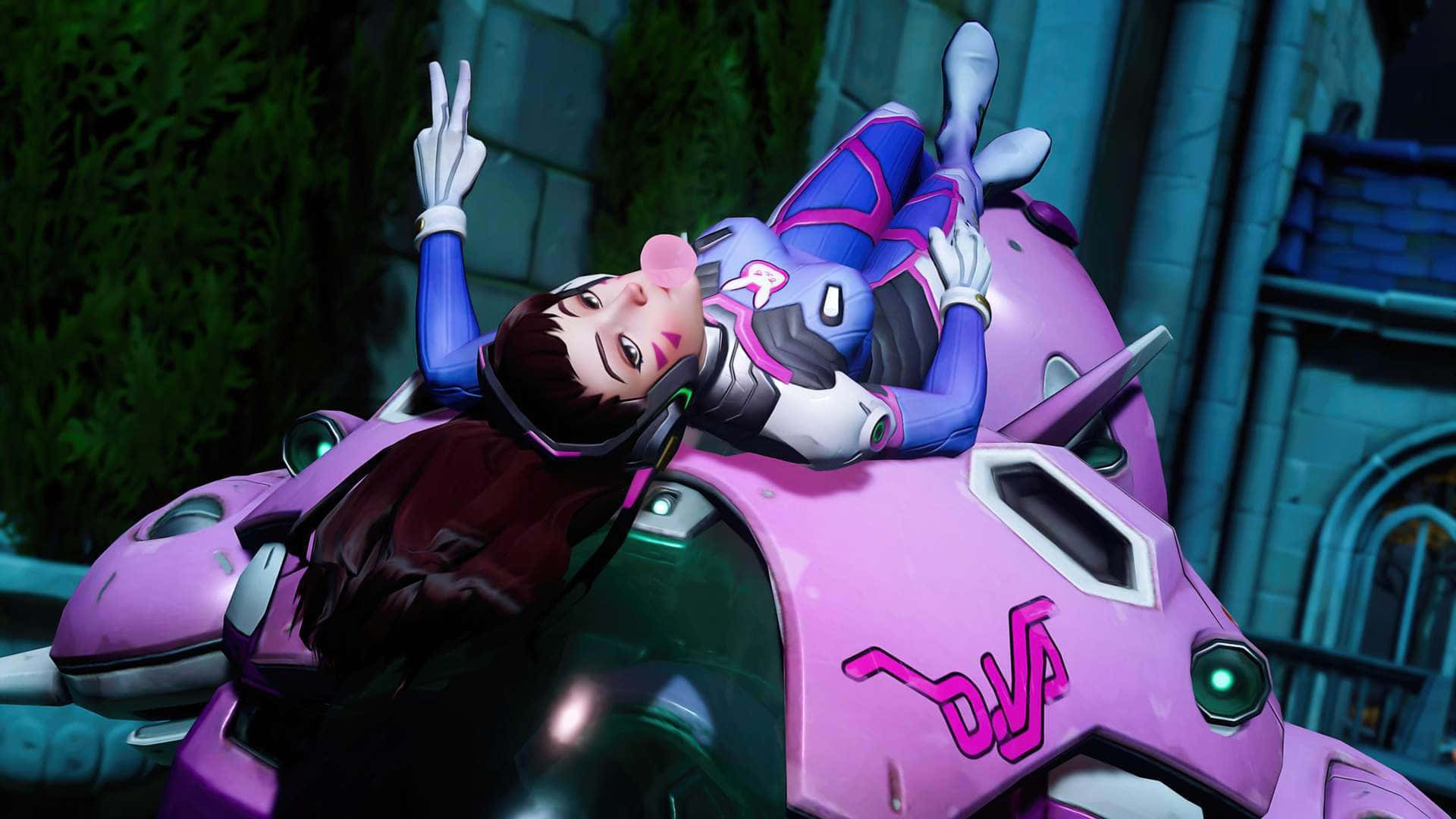 Overwatch D.va, blue and pink suit, futuristic pink motorcycle, Full HD Desktop Wallpaper