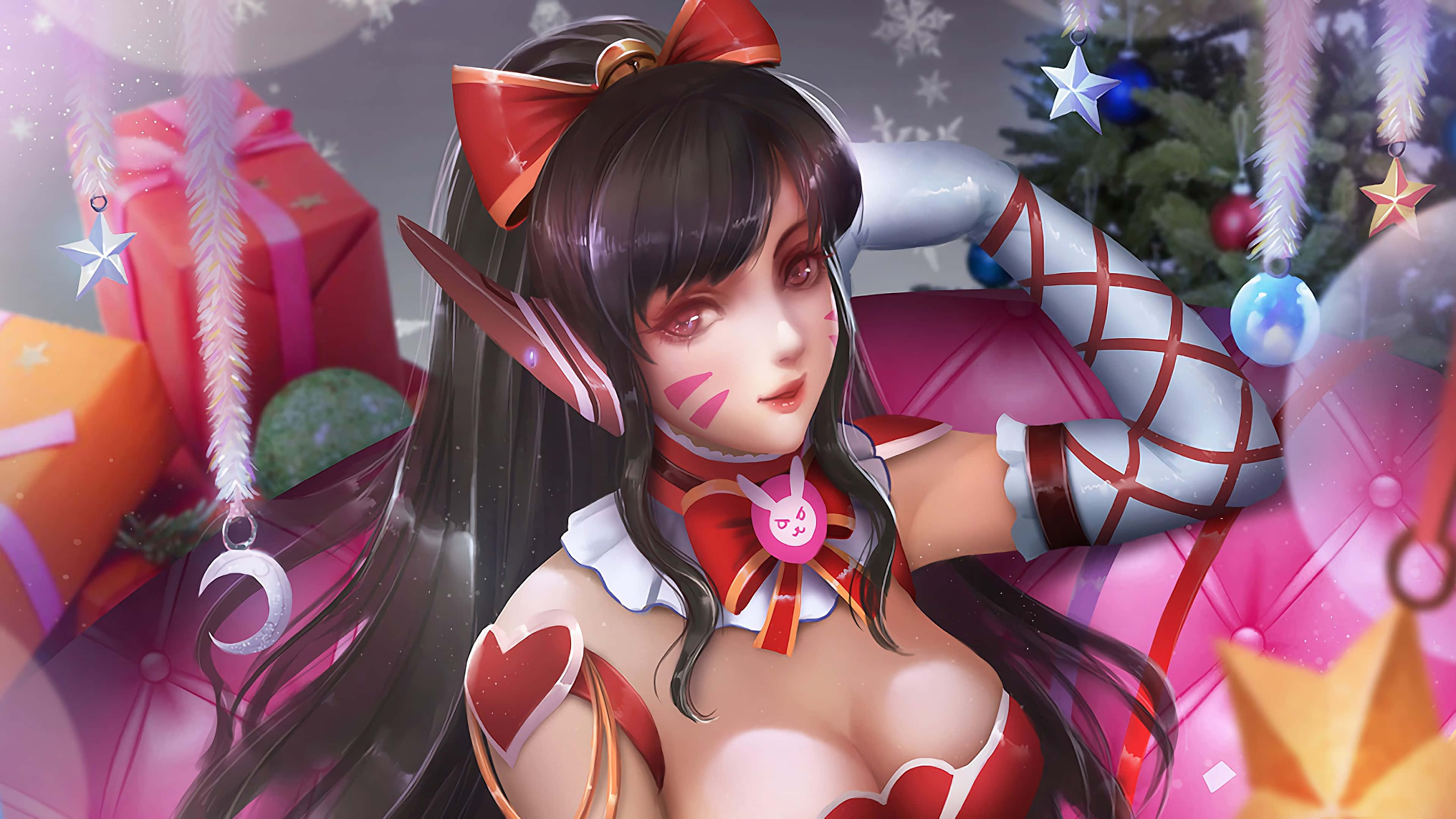 Overwatch D.va, dark hair, red bow, 4K Desktop Wallpaper