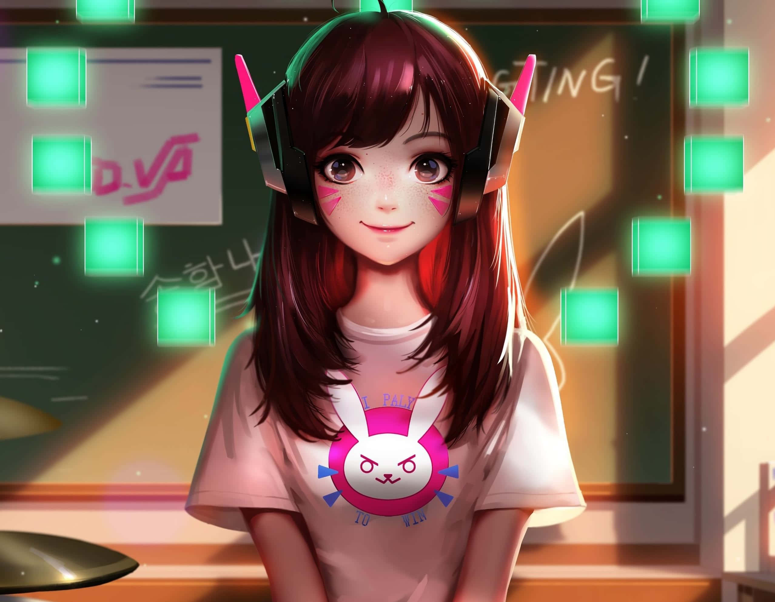Overwatch D.va, red hair, pink bunny shirt, Full HD Desktop Wallpaper