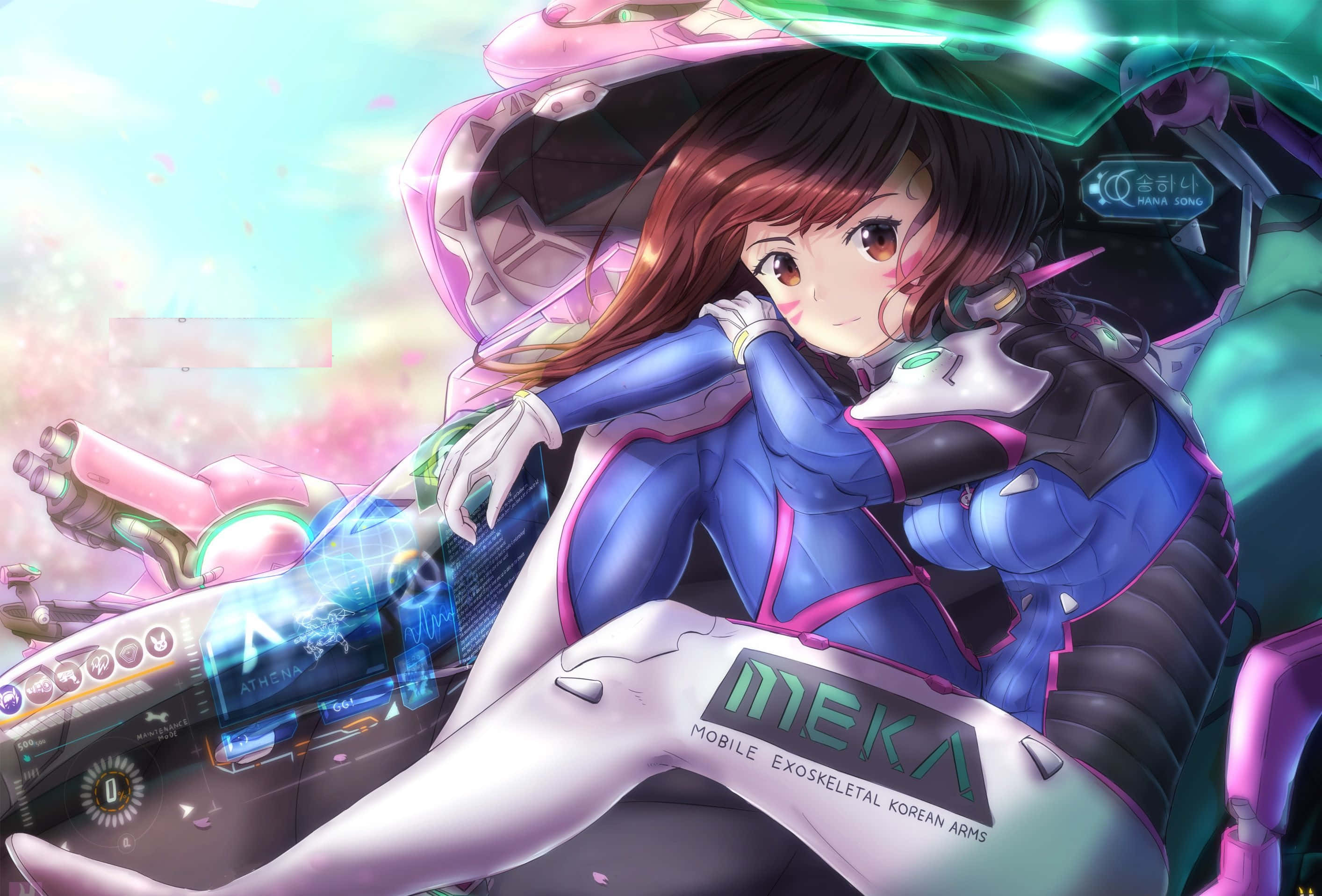 Overwatch D.va, blue and pink mecha suit, glowing futuristic mech, 2K Desktop Wallpaper
