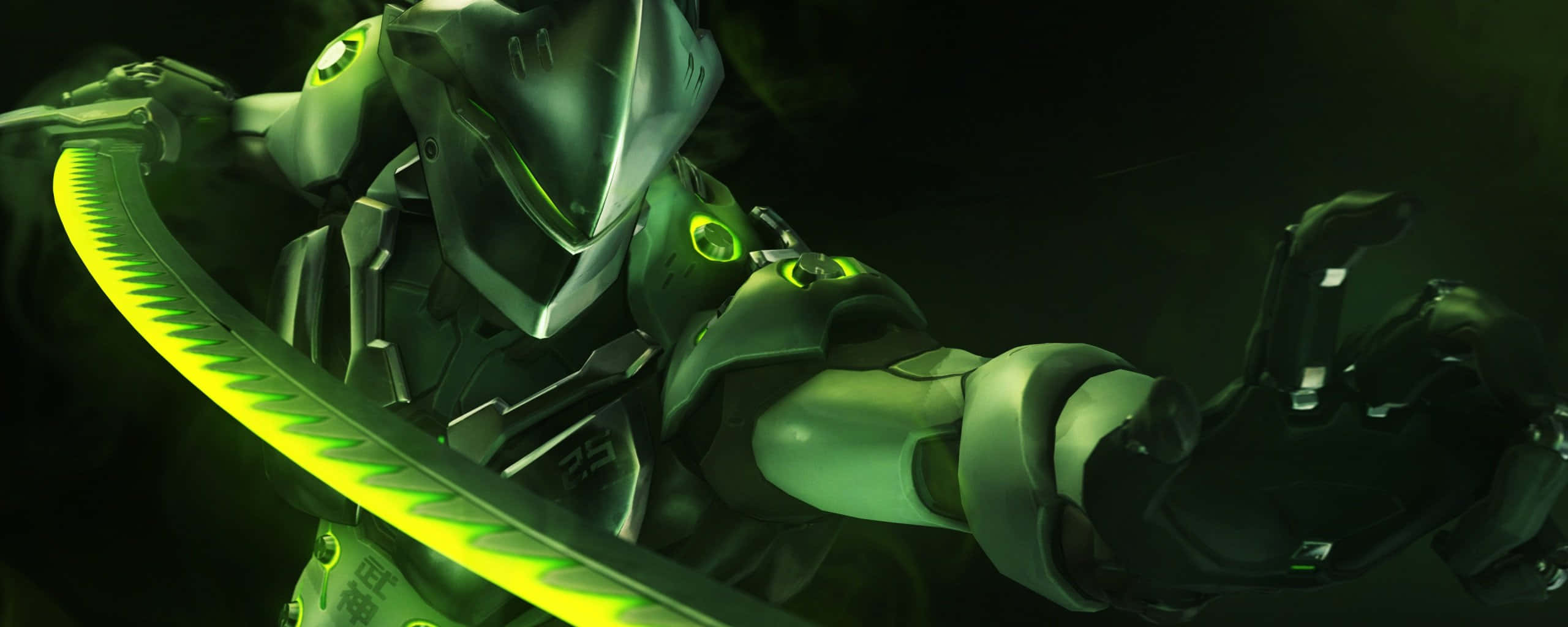 Overwatch Dual, futuristic armored warrior, glowing green energy blade, 2K Desktop Wallpaper