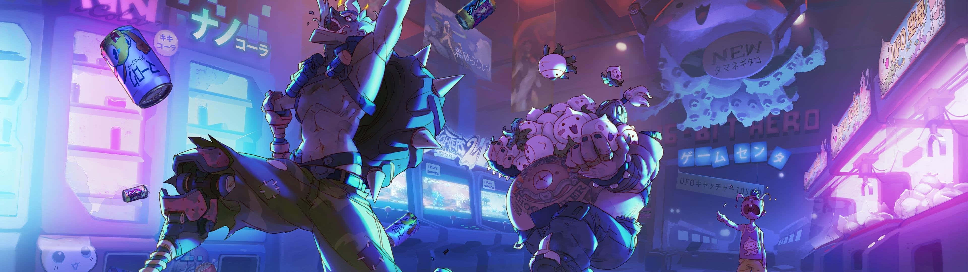 Overwatch Dual, anime characters, neon-drenched cyberpunk arcade, 4K Desktop Wallpaper