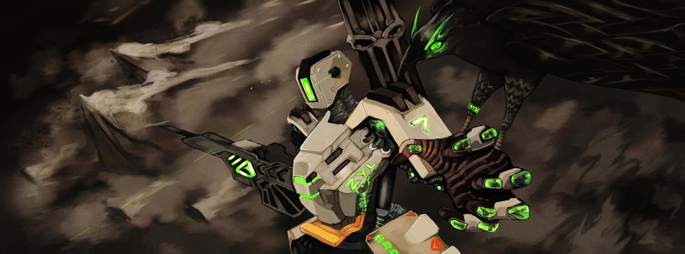 Overwatch Dual, cybernetic warrior, glowing green accents, Full HD Desktop Wallpaper