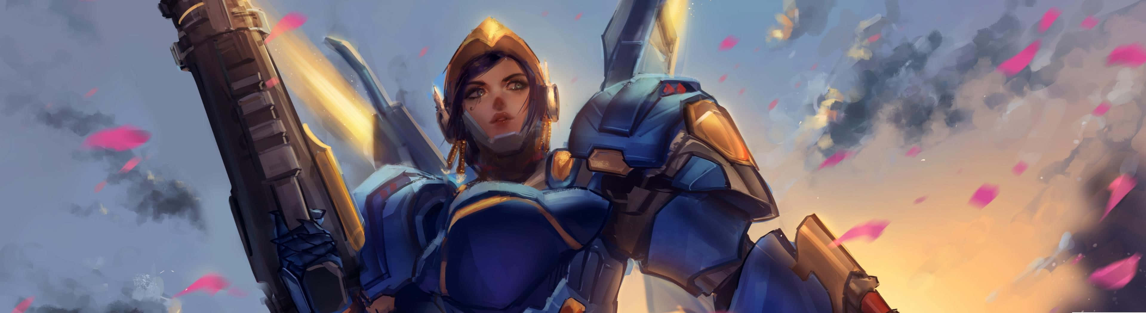 Overwatch Dual, female warrior, blue and gold armor, 2K Desktop Wallpaper