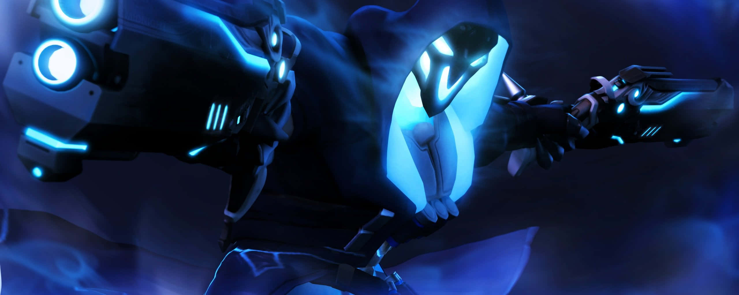 Overwatch Dual, glowing blue lights, futuristic armored figure, 2K Desktop Wallpaper