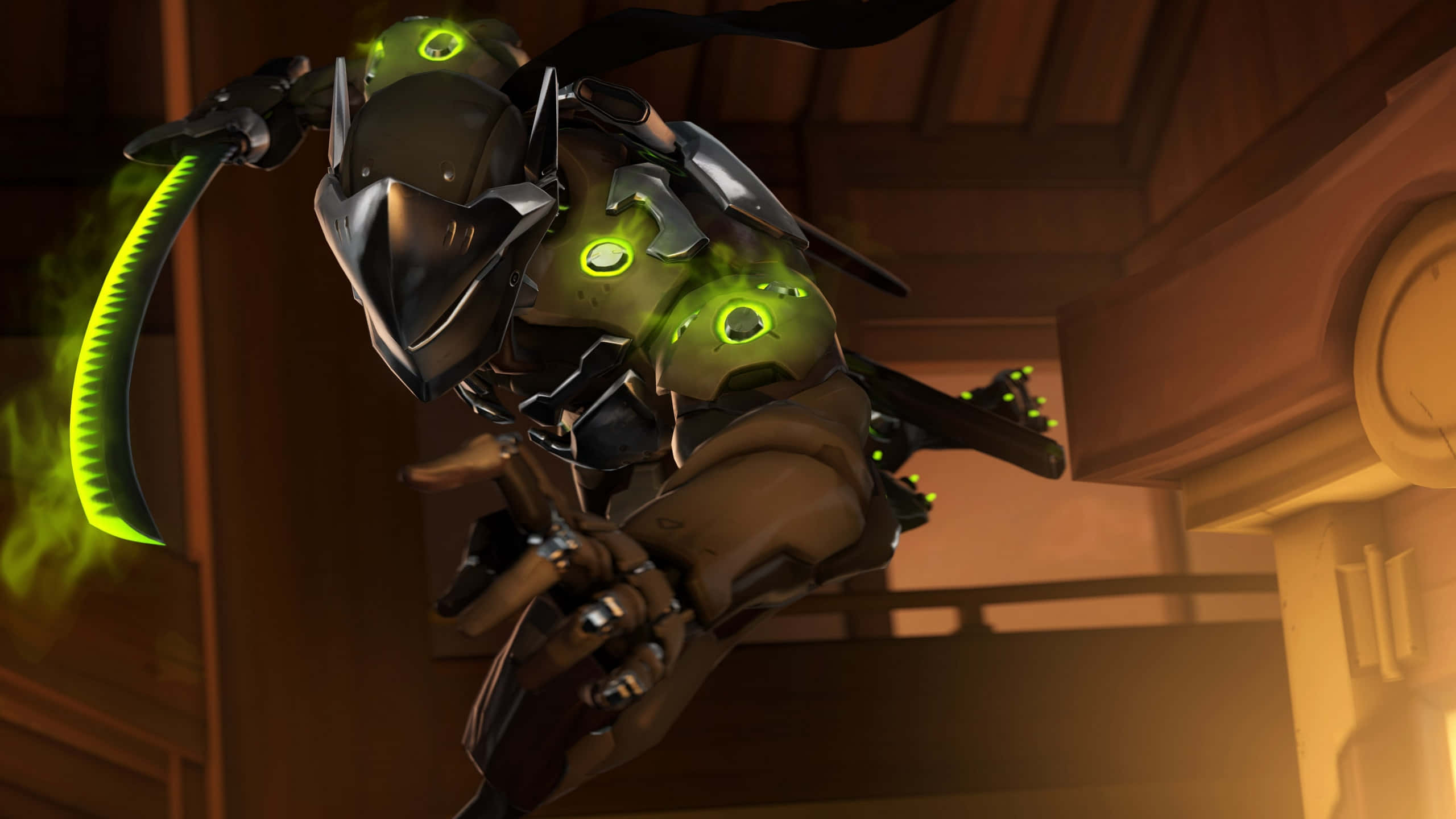 Overwatch Genji, glowing green eyes, blade, 2K Desktop Wallpaper