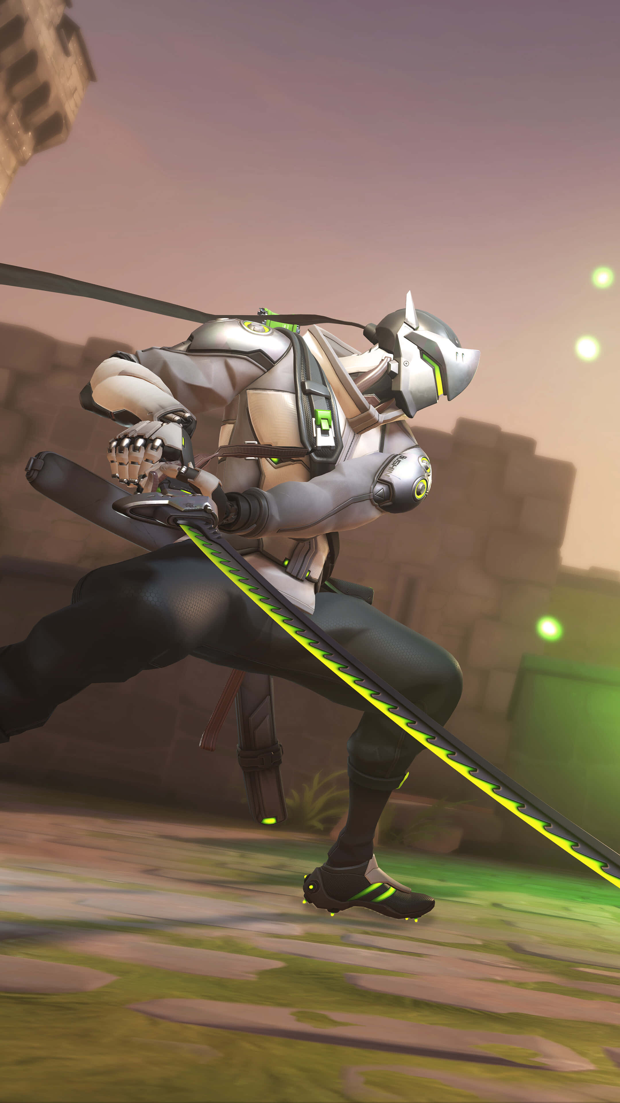 Overwatch Genji, silver armor, glowing green sword, 4K Phone Wallpaper