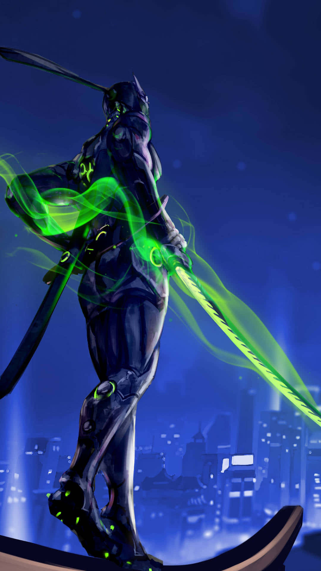Overwatch Genji, glowing green sword, neon-lit city skyline, Full HD Phone Wallpaper