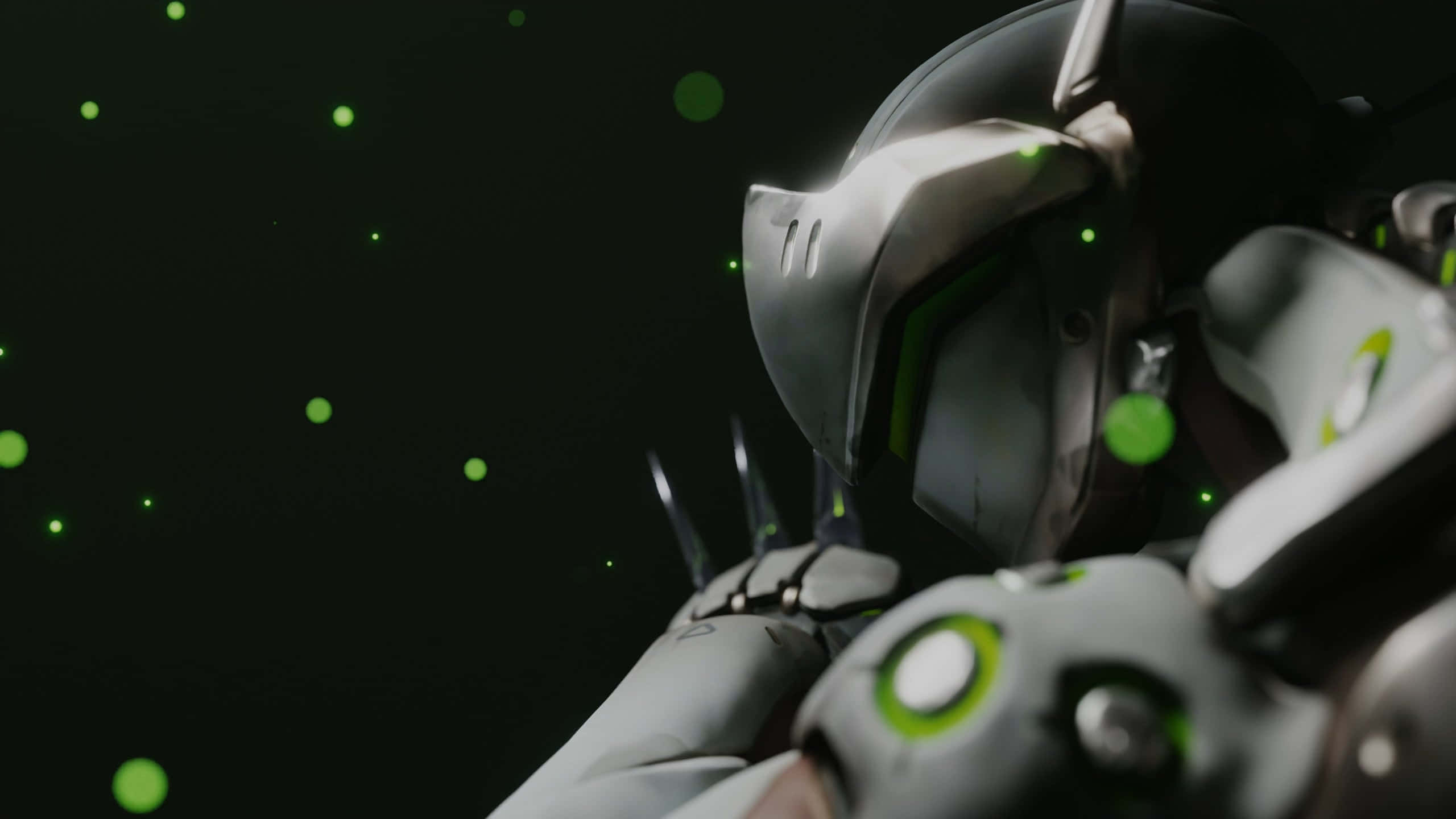 Overwatch Genji, futuristic armored robot, glowing green accents, 2K Desktop Wallpaper