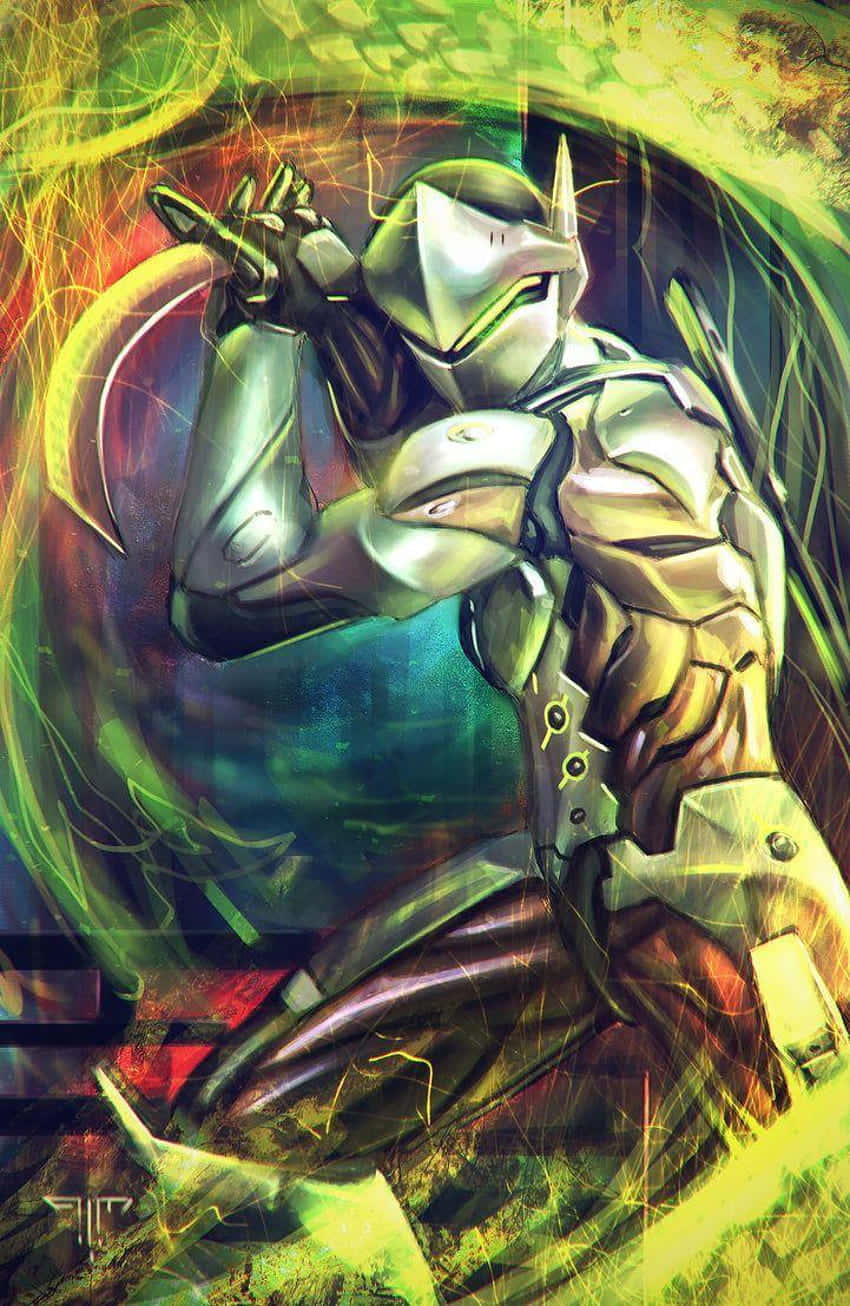 Overwatch Genji, futuristic armored warrior, swirling neon energy, HD Phone Wallpaper