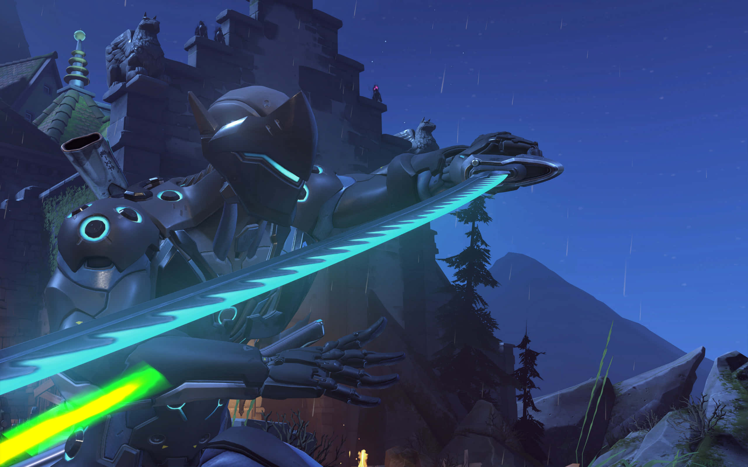 Overwatch Genji, glowing blades, rainy night sky, 2K Desktop Wallpaper