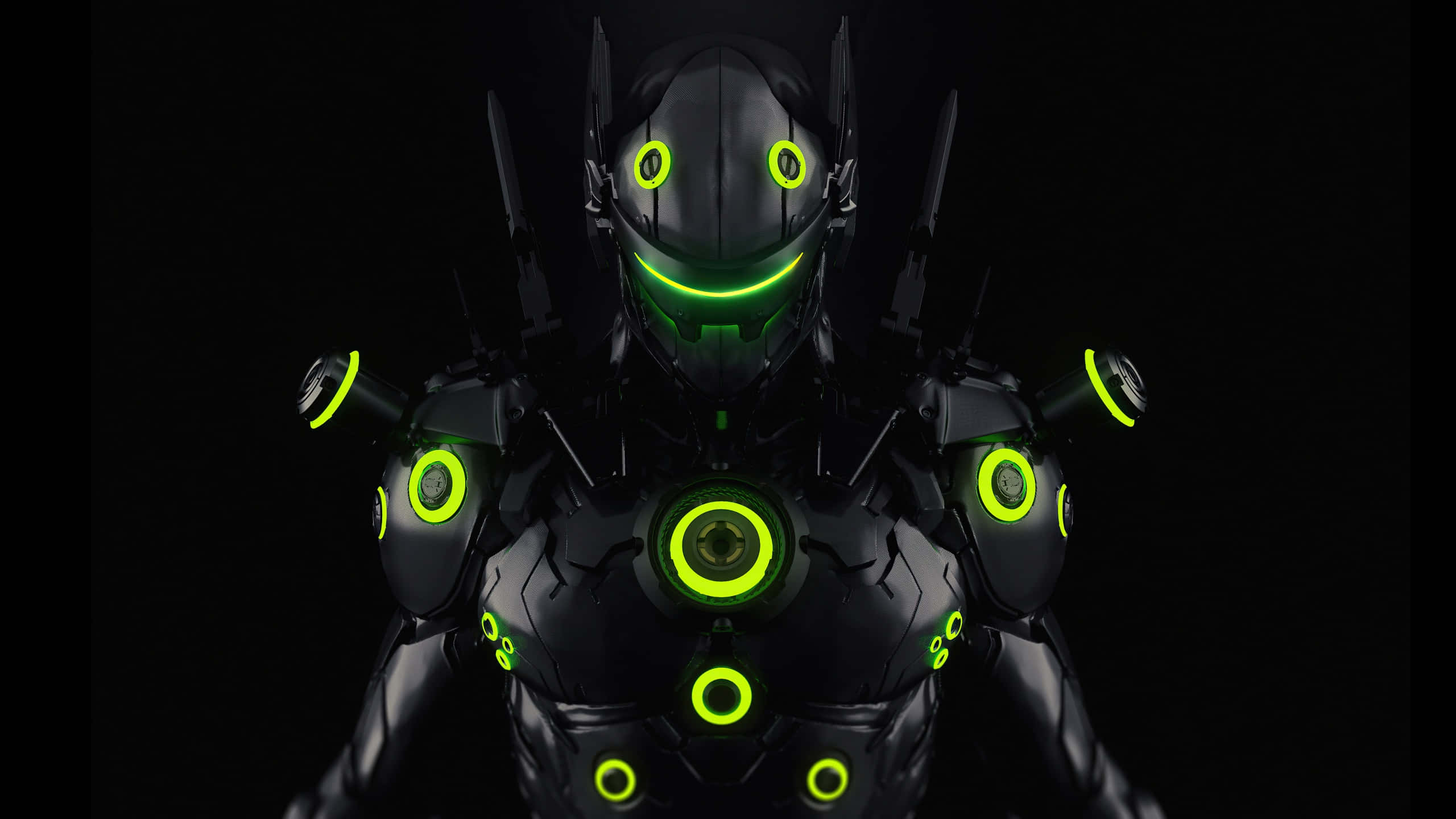Overwatch Genji, black armored robot, glowing neon green circular lights, 2K Desktop Wallpaper