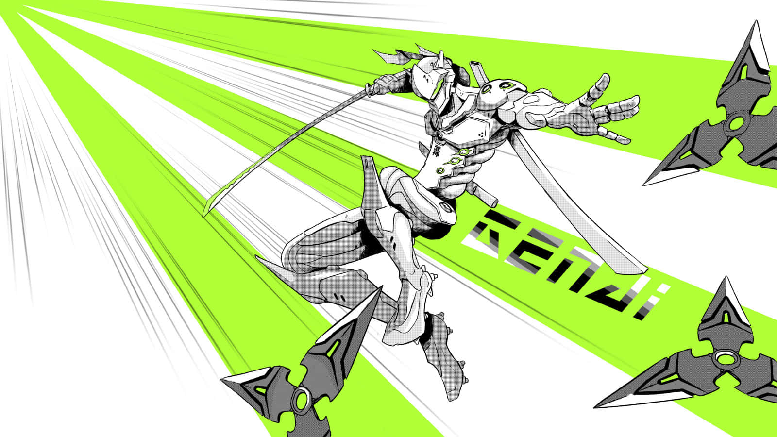 Overwatch Genji, monochrome armor, vibrant green streaks, HD Desktop Wallpaper