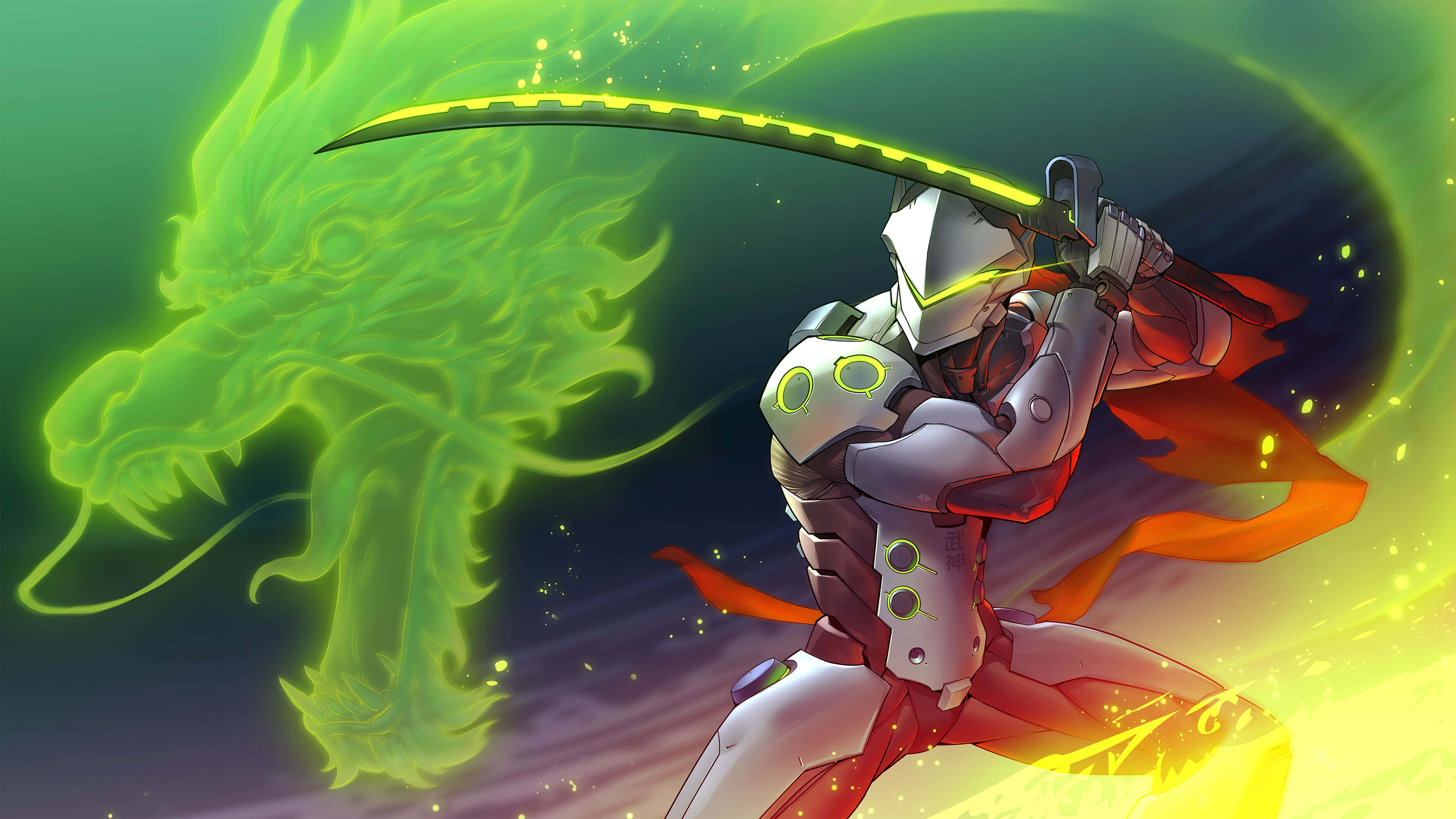 Overwatch Genji, glowing sword, spectral green dragon, 4K Desktop Wallpaper