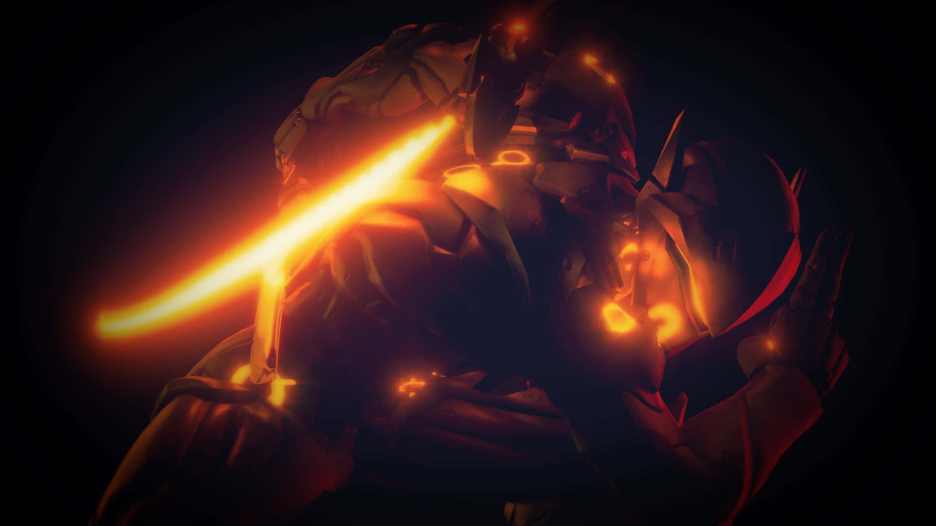 Overwatch Genji, glowing orange lightsaber, armored warrior, Full HD Desktop Wallpaper