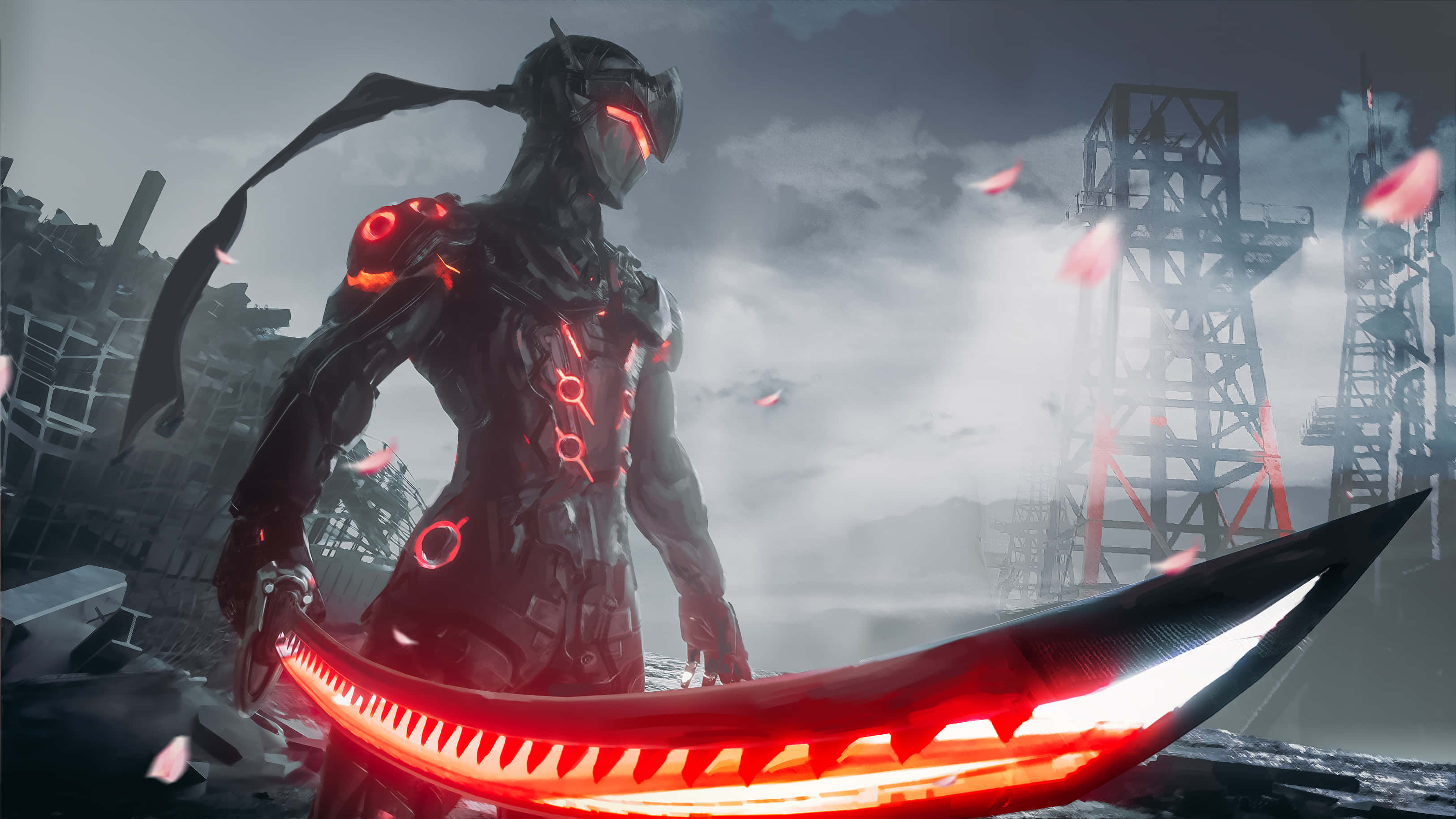 Overwatch, Genji, glowing red eyes, 2K Desktop Wallpaper