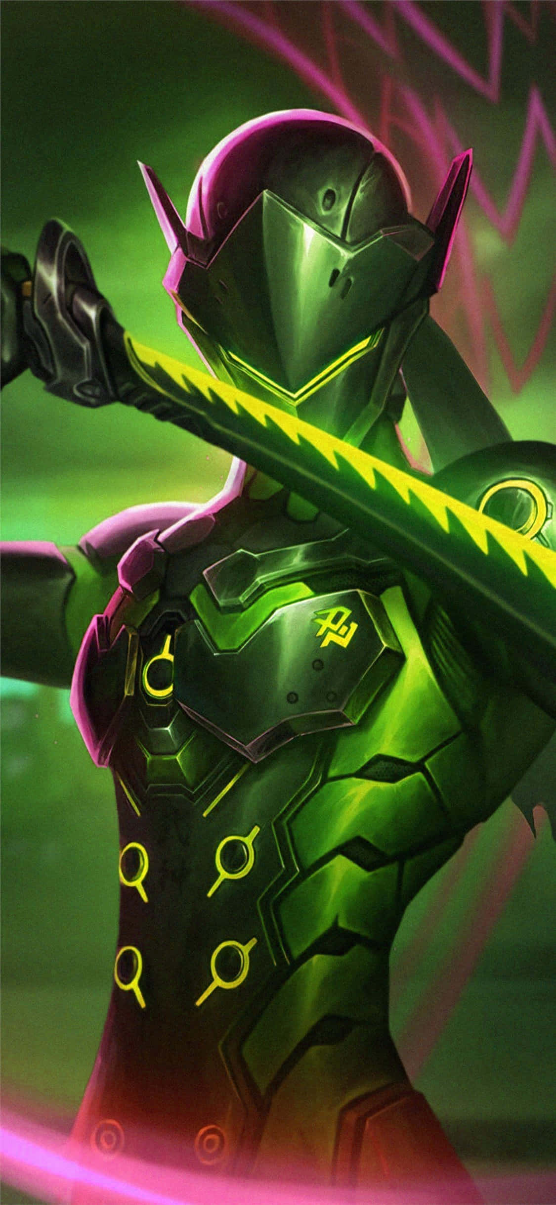 Overwatch Genji, glowing green sword, neon purple and green background, Full HD Phone Wallpaper